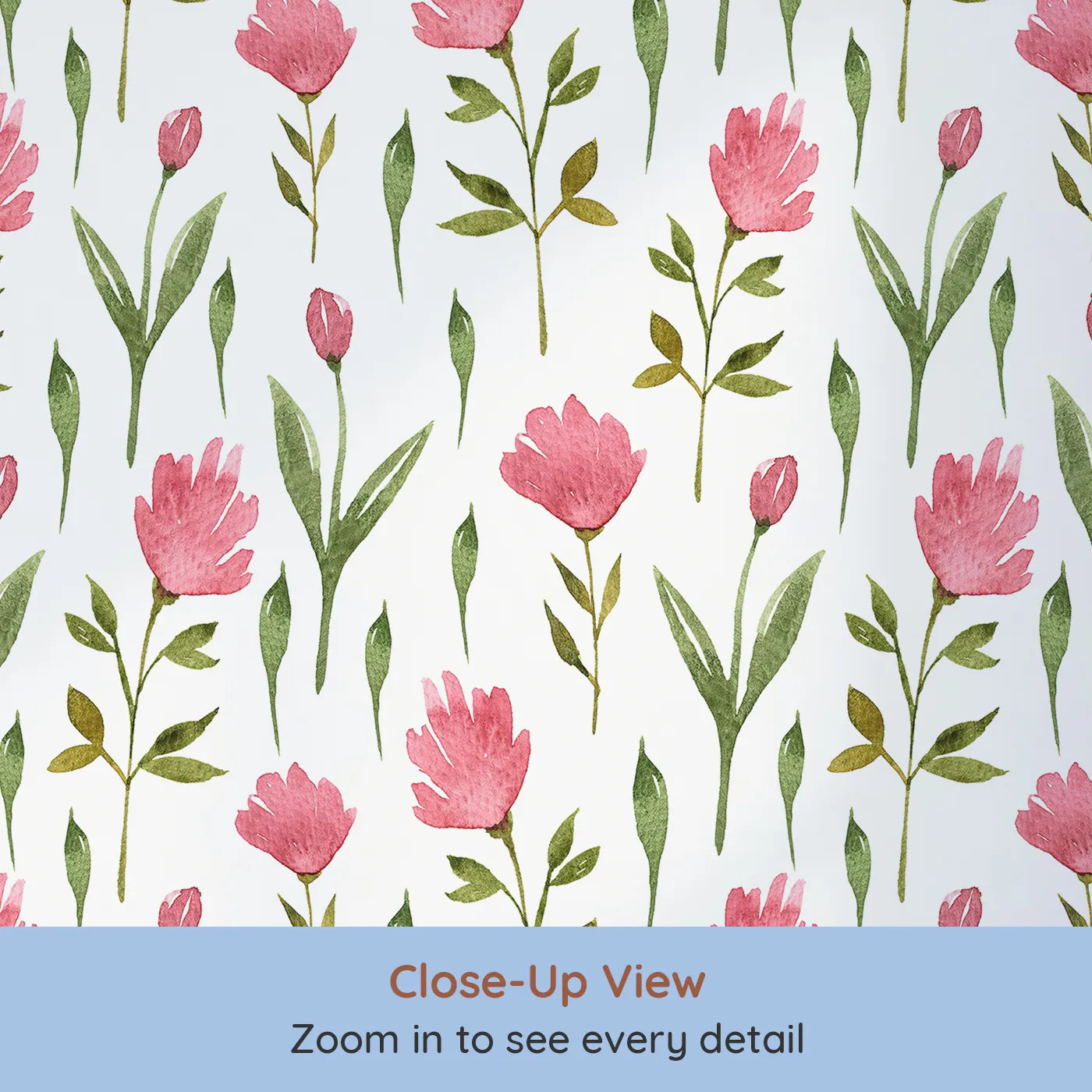 Close-up view of Whimsy Tots' Tulip Meadow Blooms Wallpaper in White (W3268A).Pink tulips and leafy stems bloom like a gentle spring day.