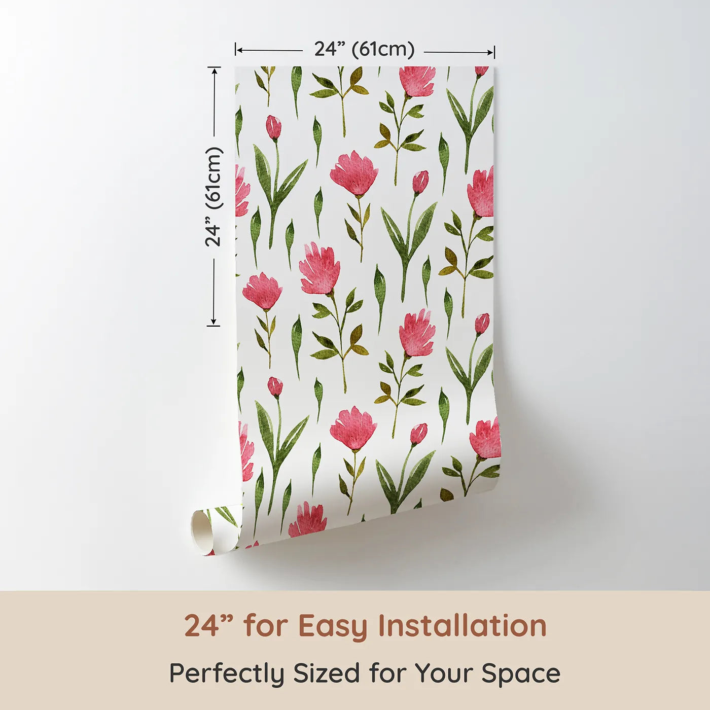 Dimension view of Whimsy Tots Tulip Meadow Blooms Wallpaper in White (W3268A). Printed in 24-inch-wide panel for easy installation. Pink tulips and leafy stems bloom like a gentle spring day.