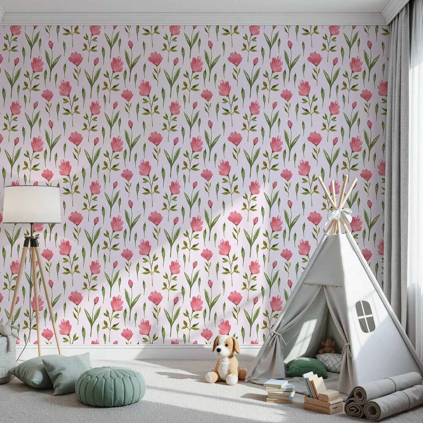 Front view of Whimsy Tots' Tulip Meadow Blooms Wallpaper in Blush Pink