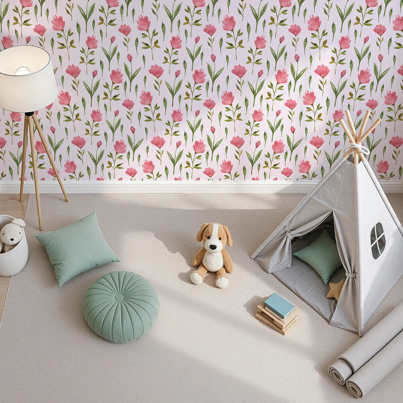 Top-Down view of Whimsy Tots' Tulip Meadow Blooms Wallpaper in Blush Pink (W3268B).Rosy tulips and leafy stems bloom on a dreamy blush breeze.