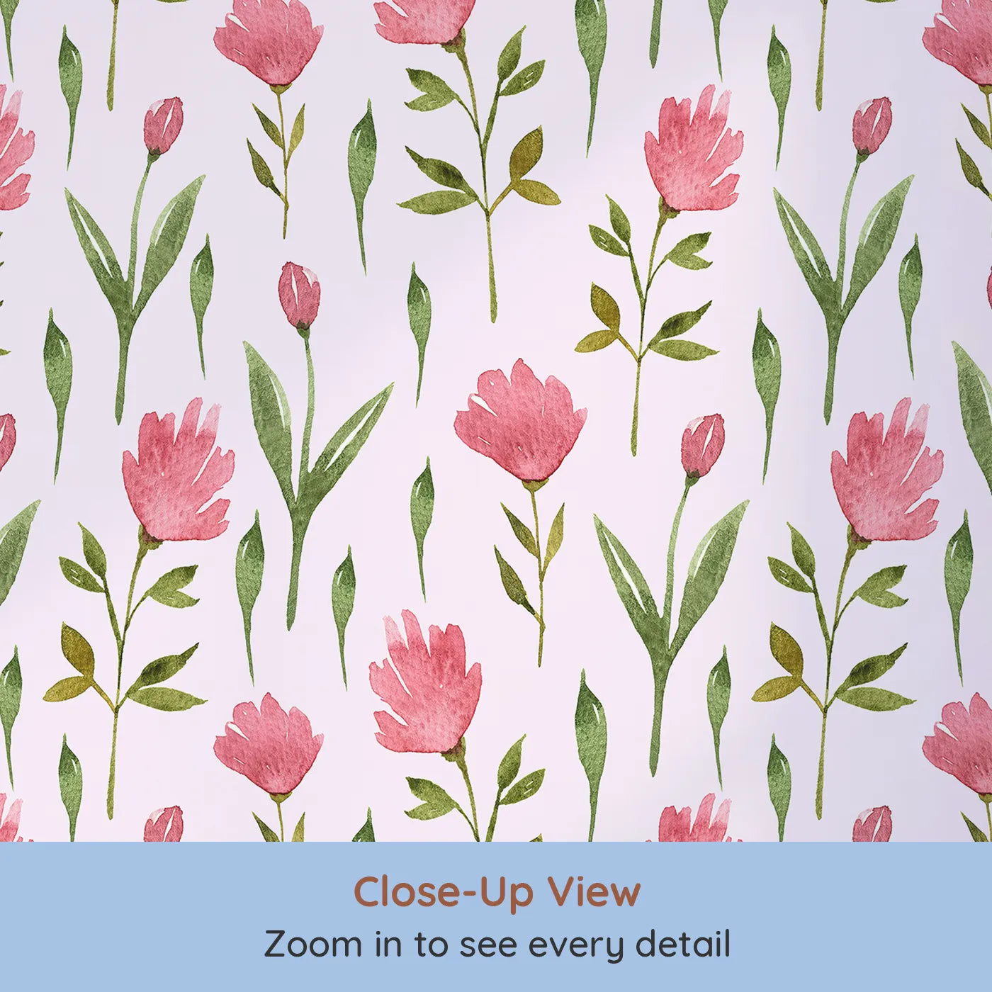 Close-up view of Whimsy Tots' Tulip Meadow Blooms Wallpaper in Blush Pink (W3268B).Rosy tulips and leafy stems bloom on a dreamy blush breeze.