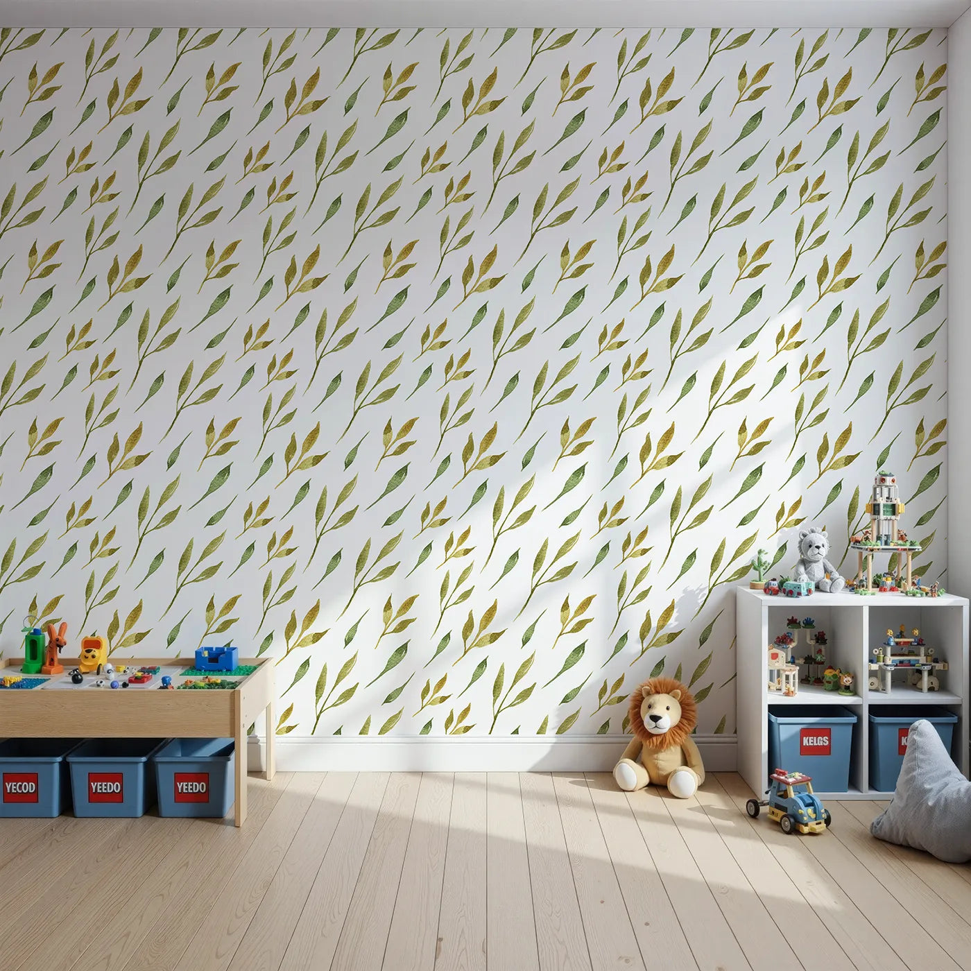 Front view of Whimsy Tots' Wandering Willow Sprigs Wallpaper in White