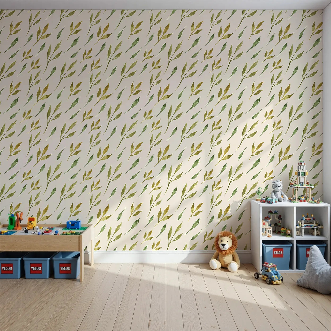 Front view of Whimsy Tots' Wandering Willow Sprigs Wallpaper in Cream