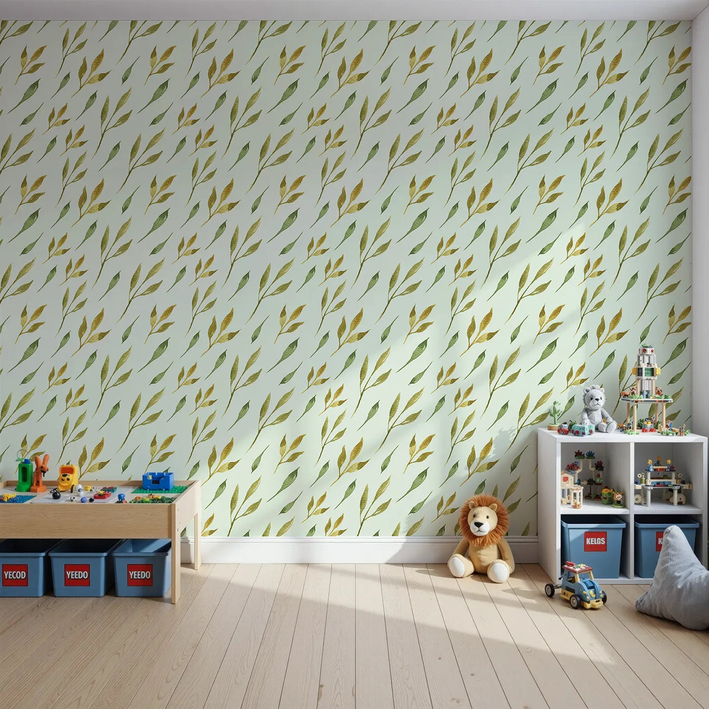 Front view of Whimsy Tots' Wandering Willow Sprigs Wallpaper in Mint Green