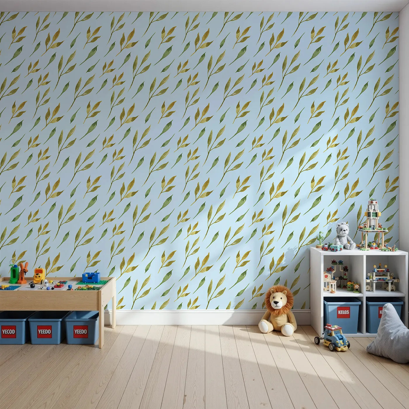 Front view of Whimsy Tots' Wandering Willow Sprigs Wallpaper in Sky
