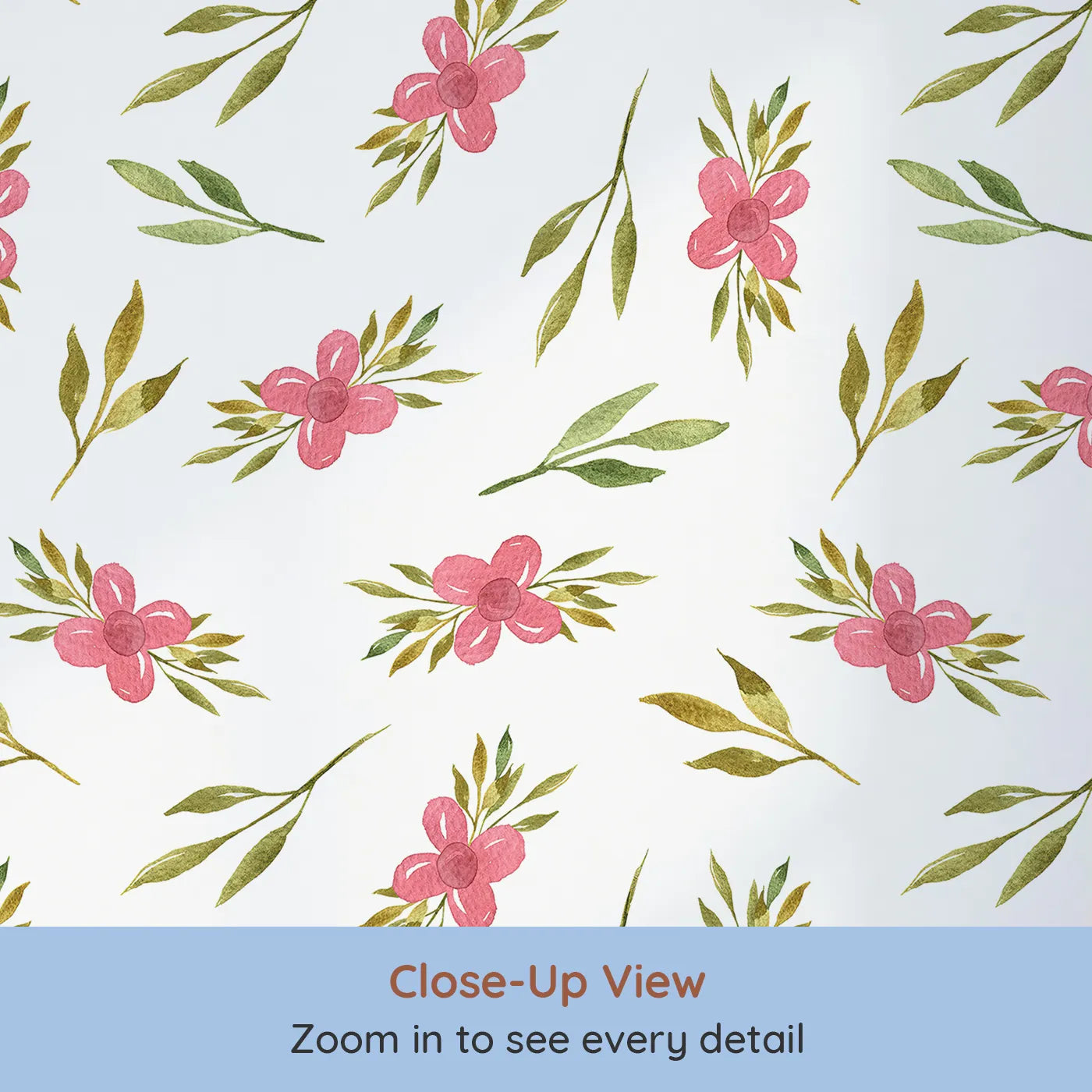 Close-up view of Whimsy Tots' Whimsy Bloom Sprays Wallpaper in White (W3270A).Cheerful pink florals bloom alongside leafy sprays and sunny stems.