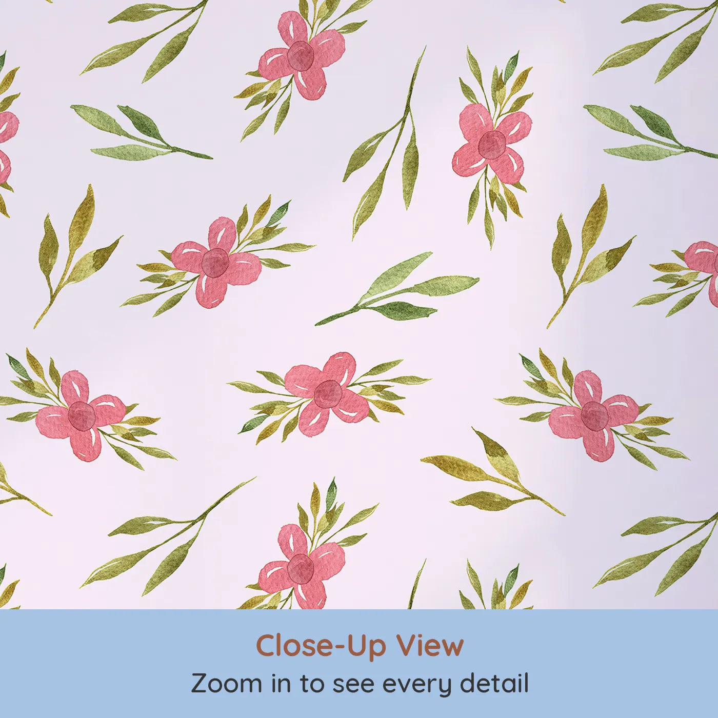 Close-up view of Whimsy Tots' Whimsy Bloom Sprays Wallpaper in Blush Pink (W3270B).Soft blush sets the stage for pink florals and leafy sprays to dance.