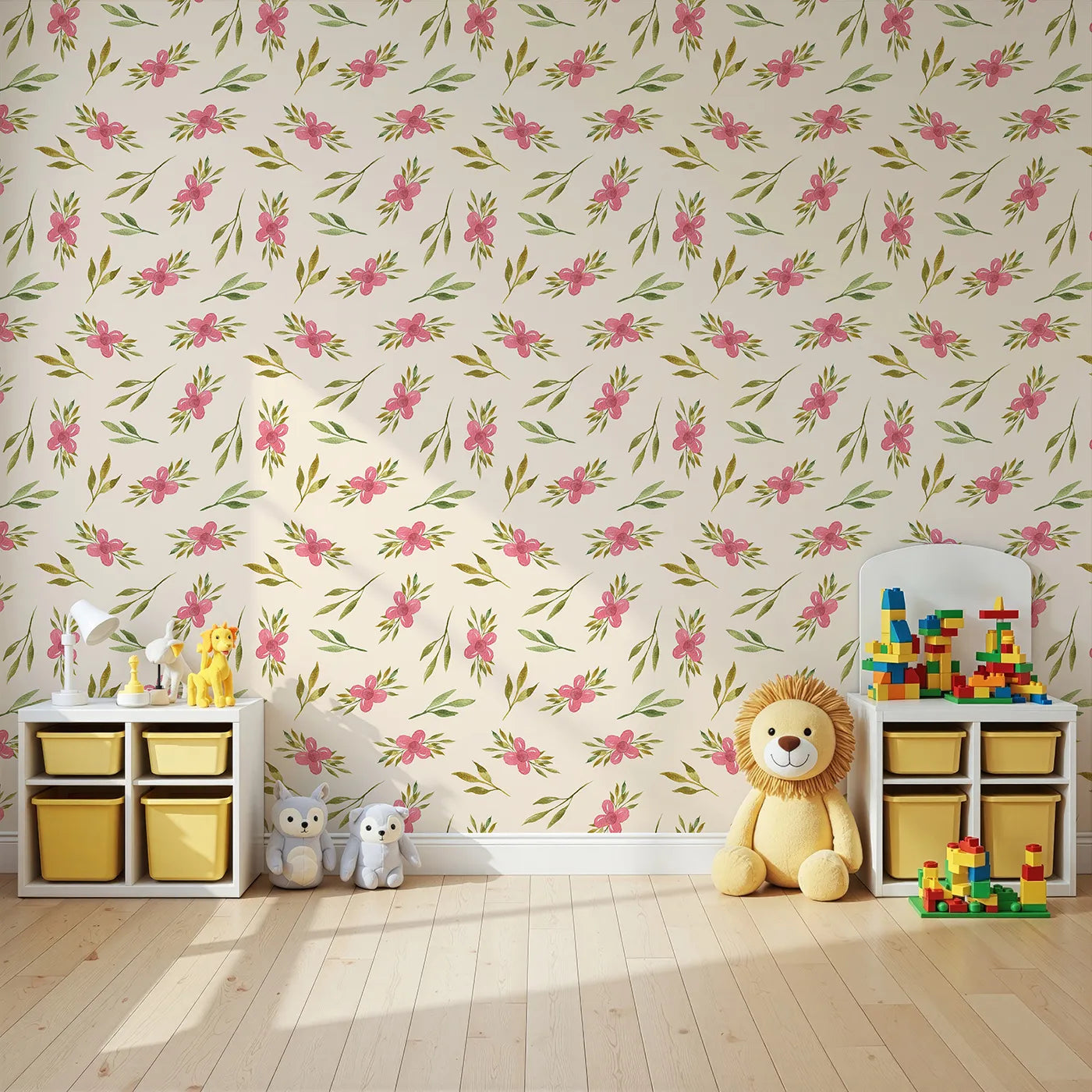 Angled view of Whimsy Tots' Whimsy Bloom Sprays Wallpaper in Cream (W3270C).Warm cream cradles playful florals in soft, sunny cheer.