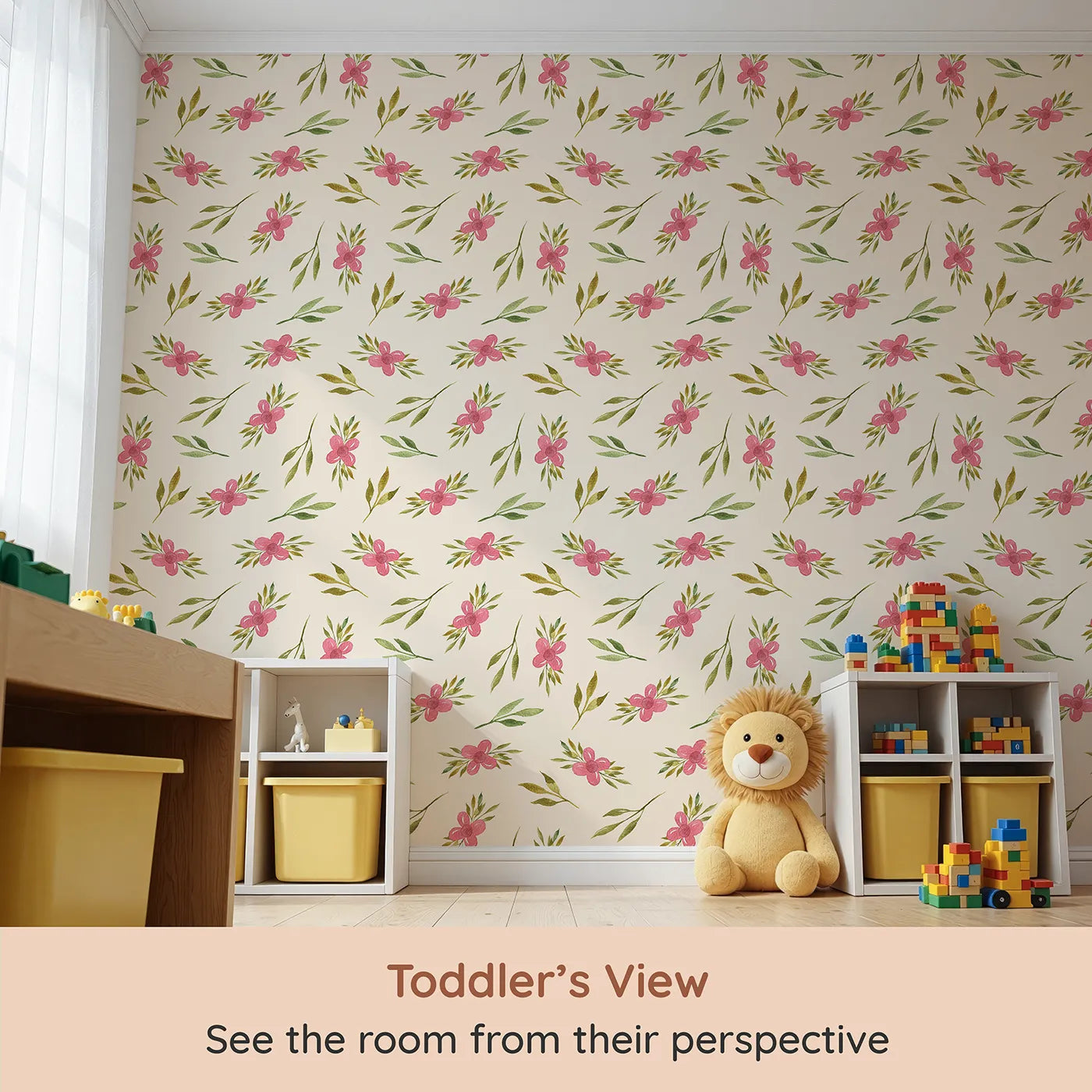 Whimsy Tots Whimsy Bloom Sprays Wallpaper in Cream (W3270C) from your child's view.Warm cream cradles playful florals in soft, sunny cheer.