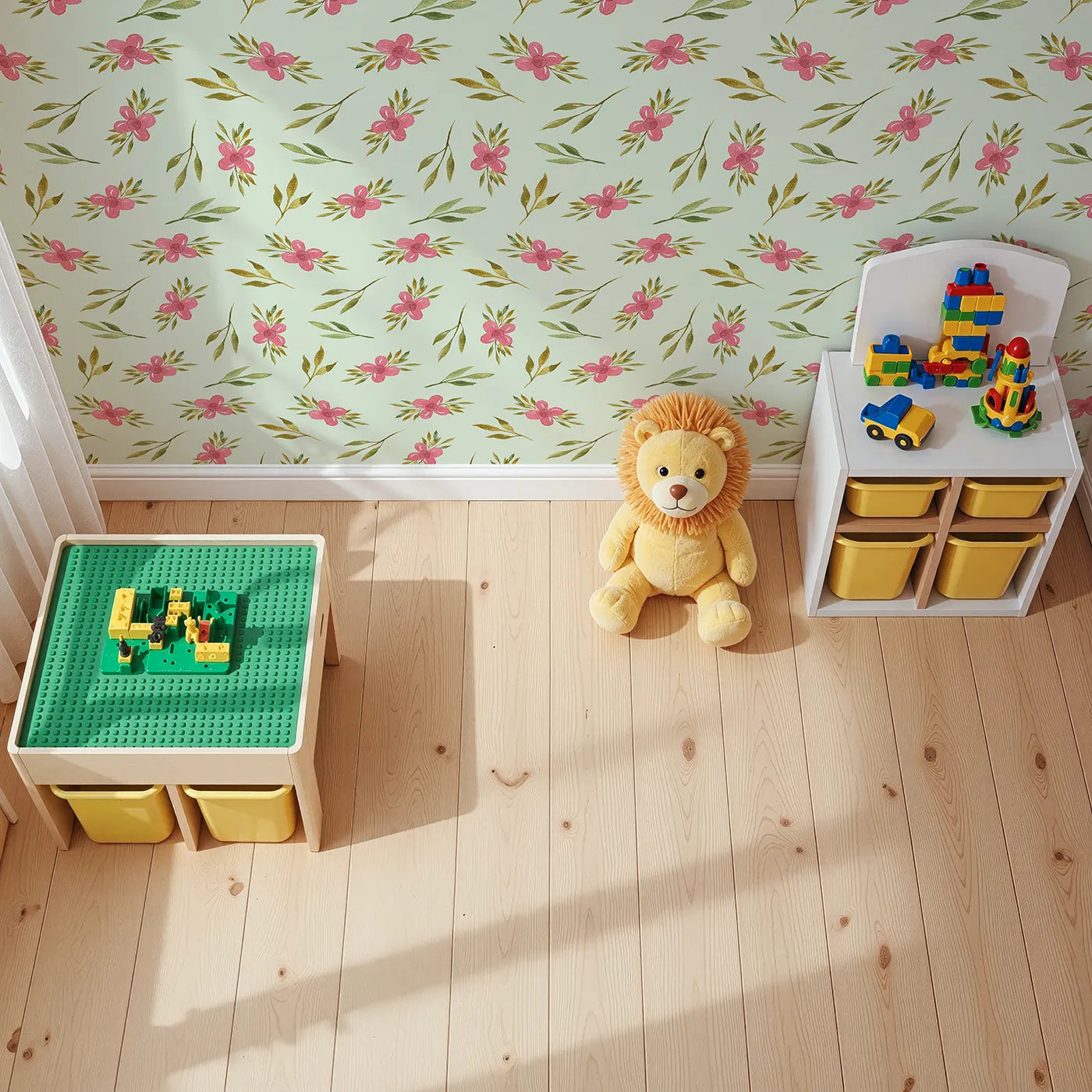 Top-Down view of Whimsy Tots' Whimsy Bloom Sprays Wallpaper in Mint Green (W3270D).Pink blooms and leafy sprays swirl across a minty breeze.