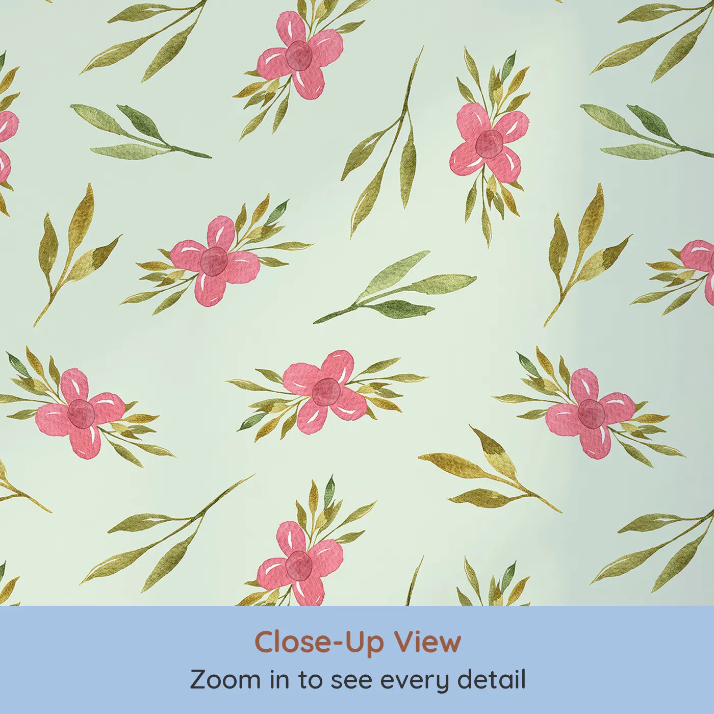 Close-up view of Whimsy Tots' Whimsy Bloom Sprays Wallpaper in Mint Green (W3270D).Pink blooms and leafy sprays swirl across a minty breeze.