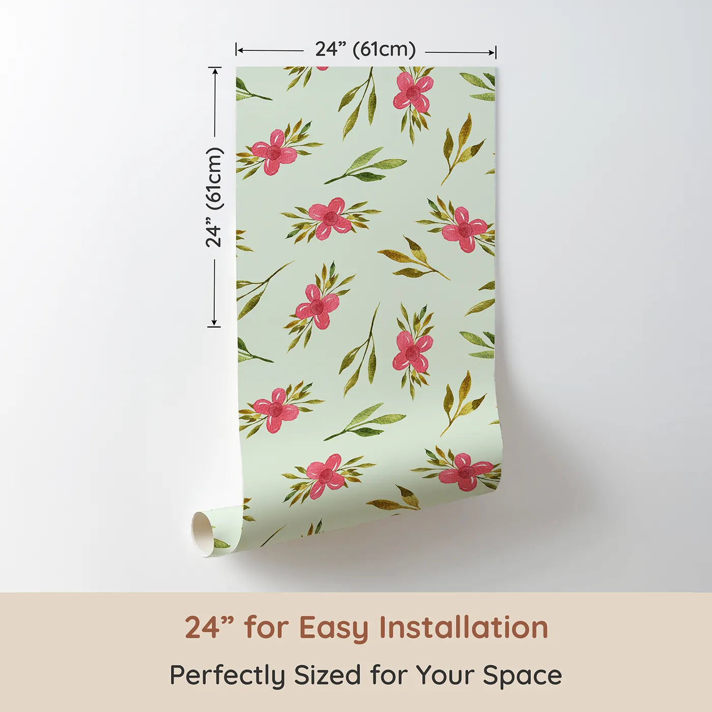 Dimension view of Whimsy Tots Whimsy Bloom Sprays Wallpaper in Mint Green (W3270D). Printed in 24-inch-wide panel for easy installation. Pink blooms and leafy sprays swirl across a minty breeze.