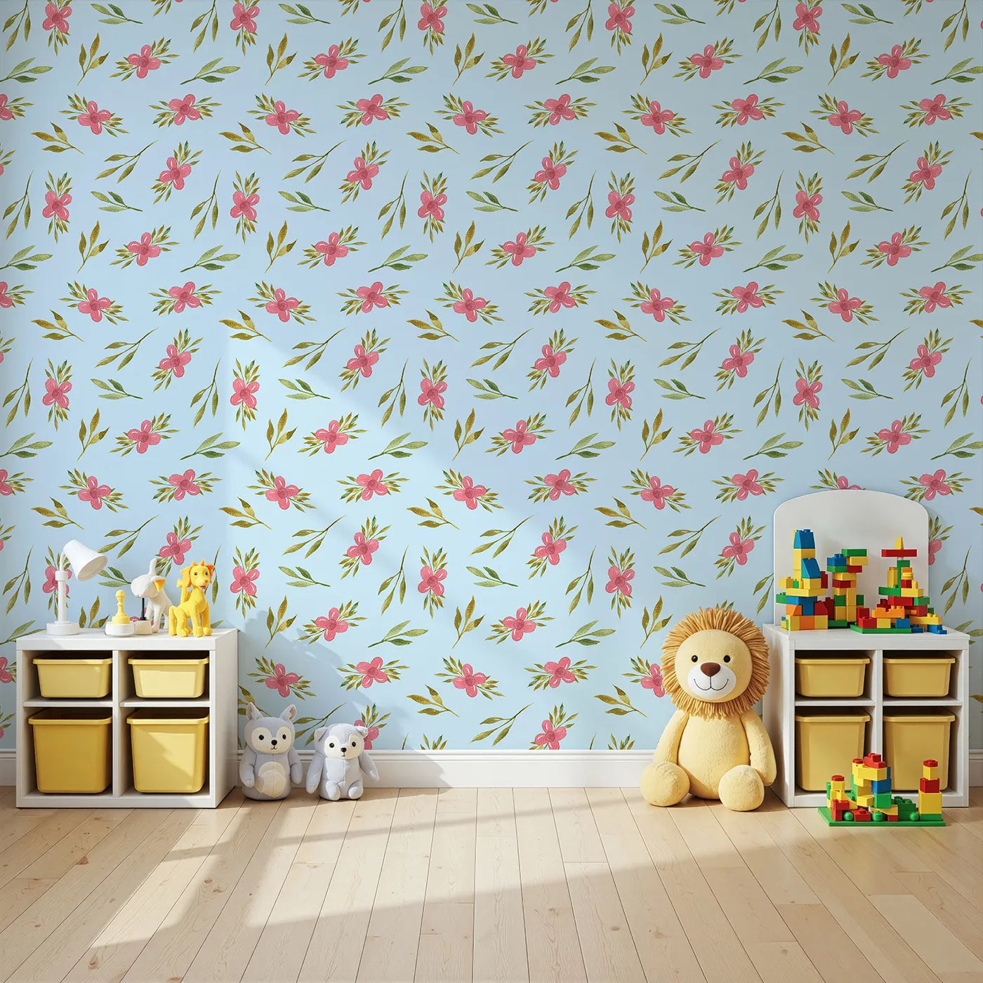 Angled view of Whimsy Tots' Whimsy Bloom Sprays Wallpaper in Sky Blue (W3270E).Pink florals drift across a breezy sky-blue dream.