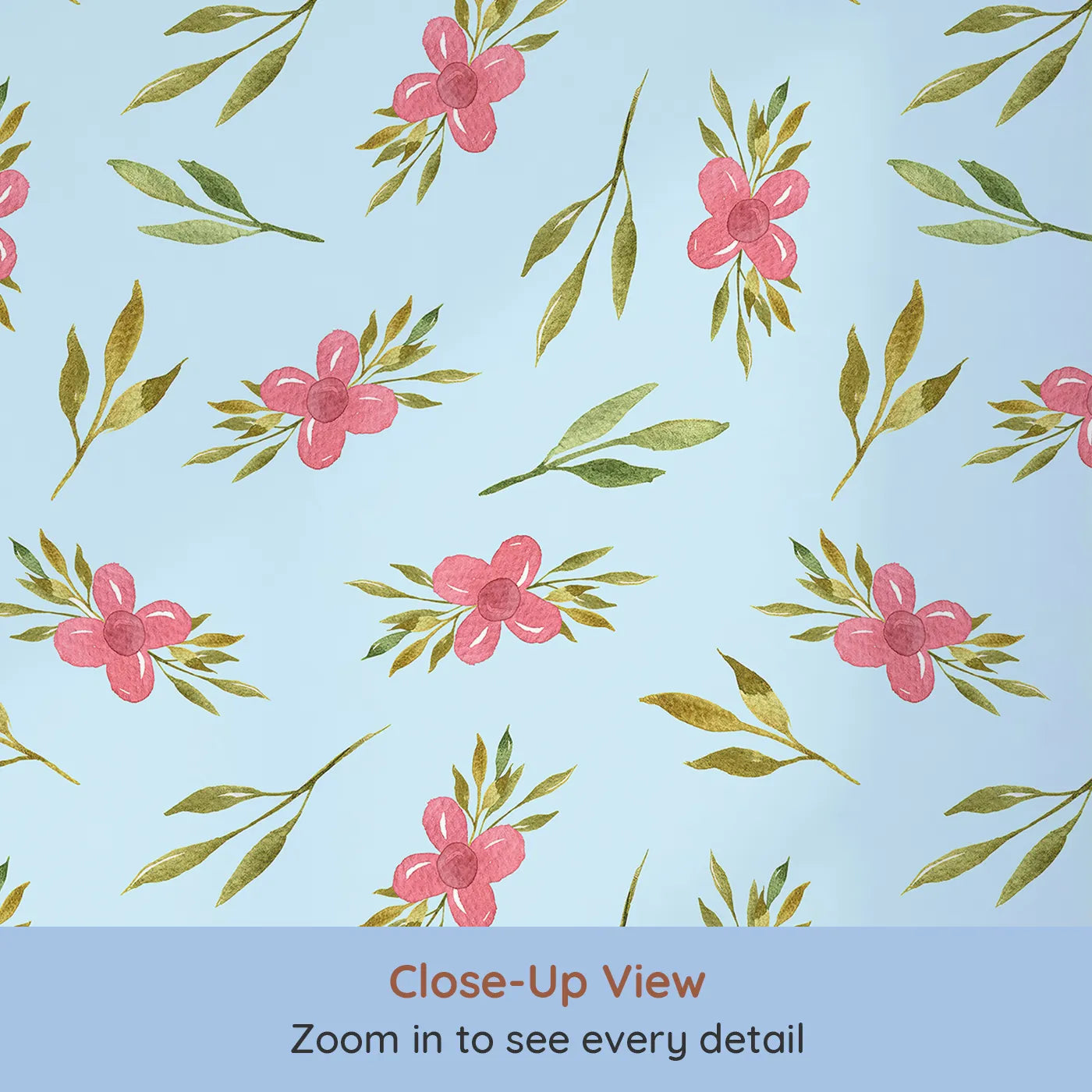 Close-up view of Whimsy Tots' Whimsy Bloom Sprays Wallpaper in Sky Blue (W3270E).Pink florals drift across a breezy sky-blue dream.