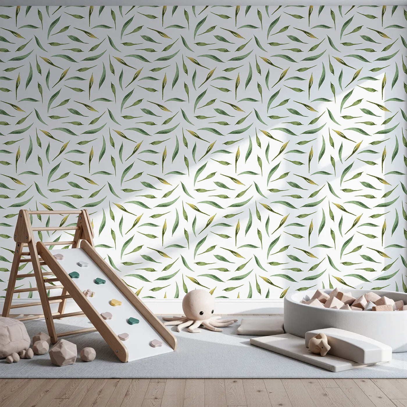 Front view of Whimsy Tots' Whimsy Leaf Scatter Wallpaper in White