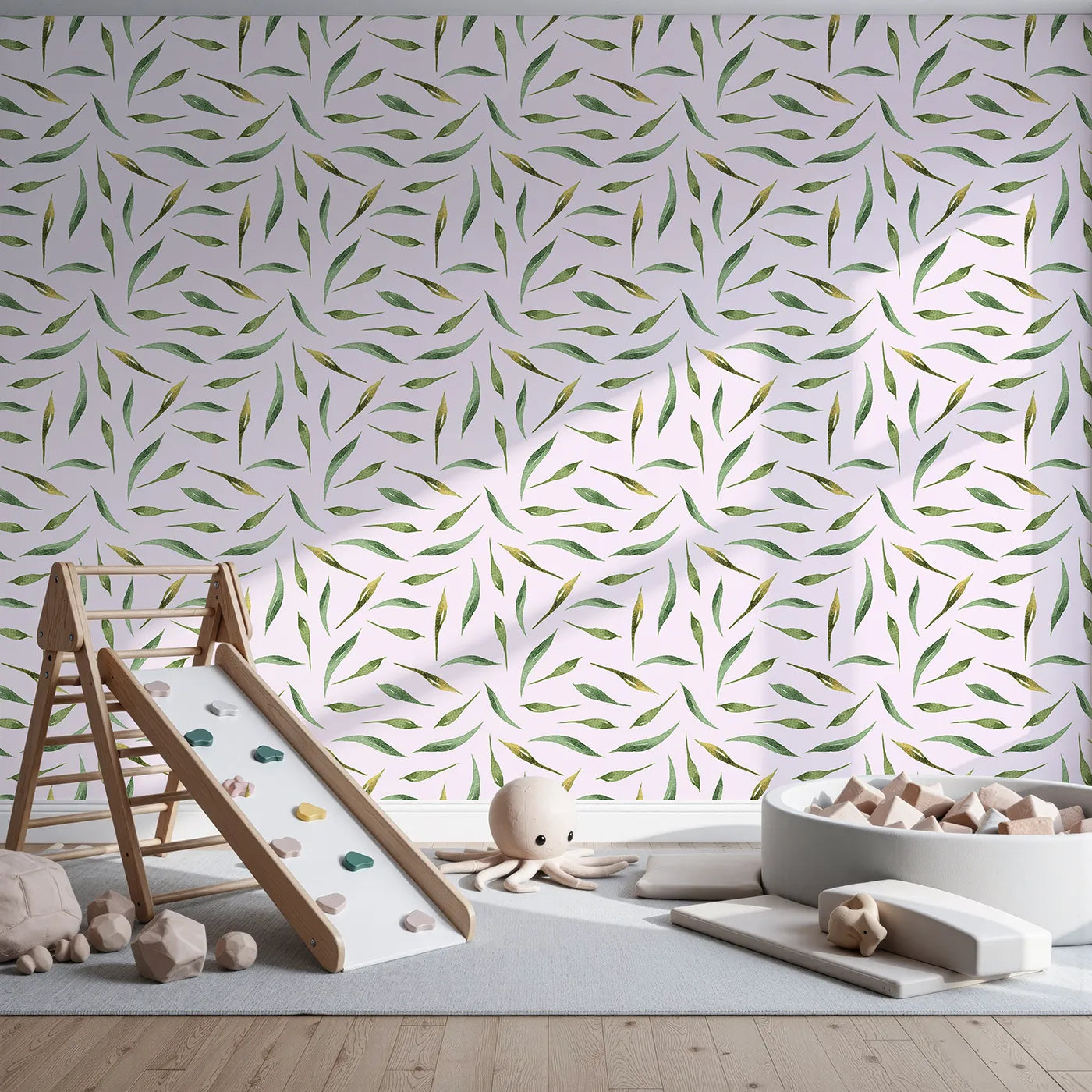 Front view of Whimsy Tots' Whimsy Leaf Scatter Wallpaper in Blush Pink