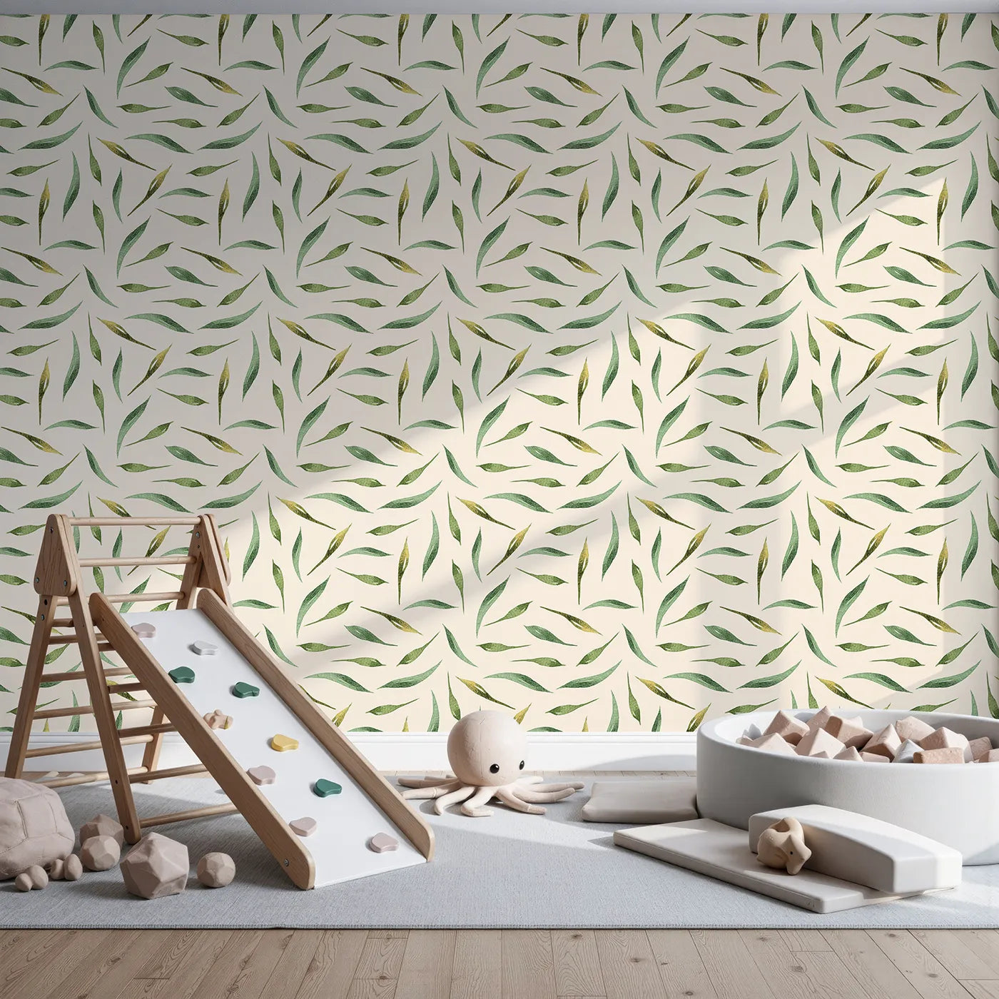 Front view of Whimsy Tots' Whimsy Leaf Scatter Wallpaper in Cream