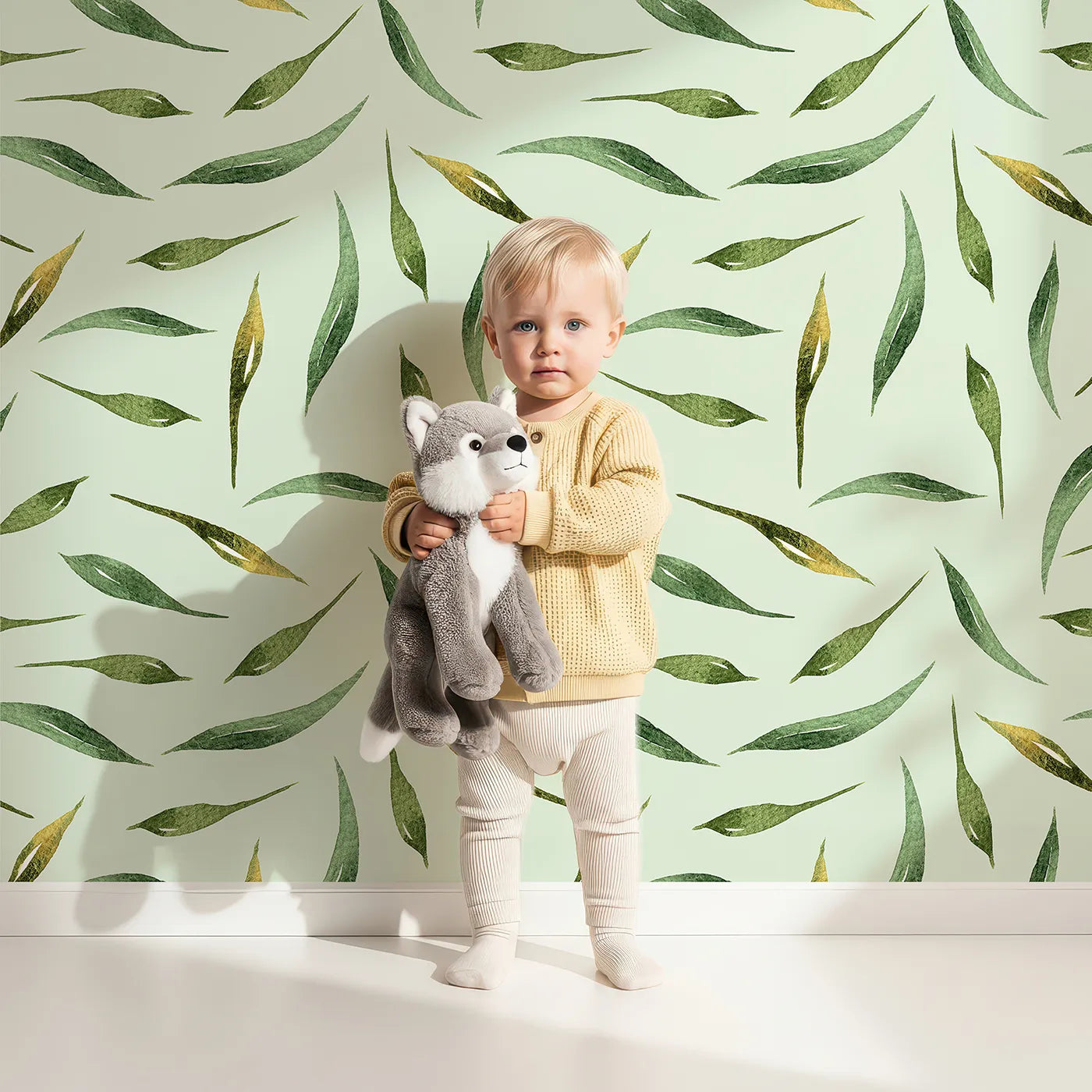 Lovely child standing in front of Whimsy Tots Whimsy Leaf Scatter Wallpaper in Mint Green with leaf, spray, greenery, foliage in design.