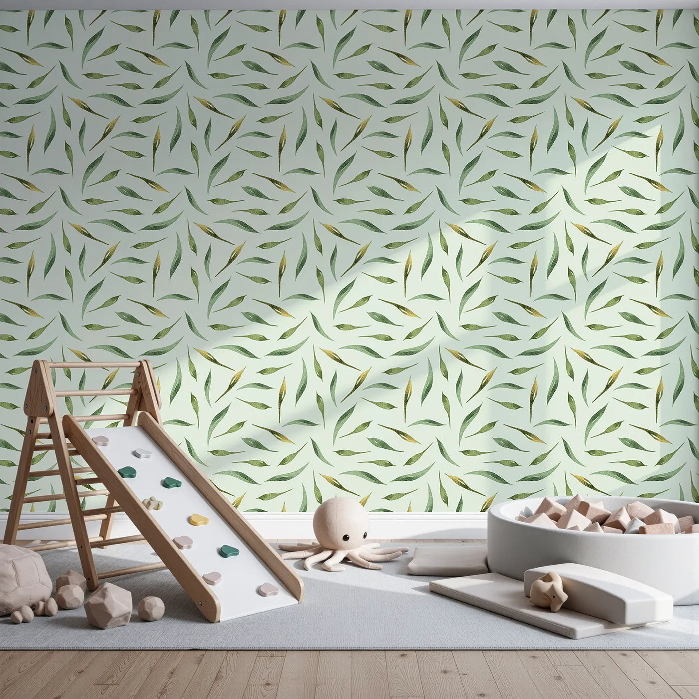 Front view of Whimsy Tots' Whimsy Leaf Scatter Wallpaper in Mint Green