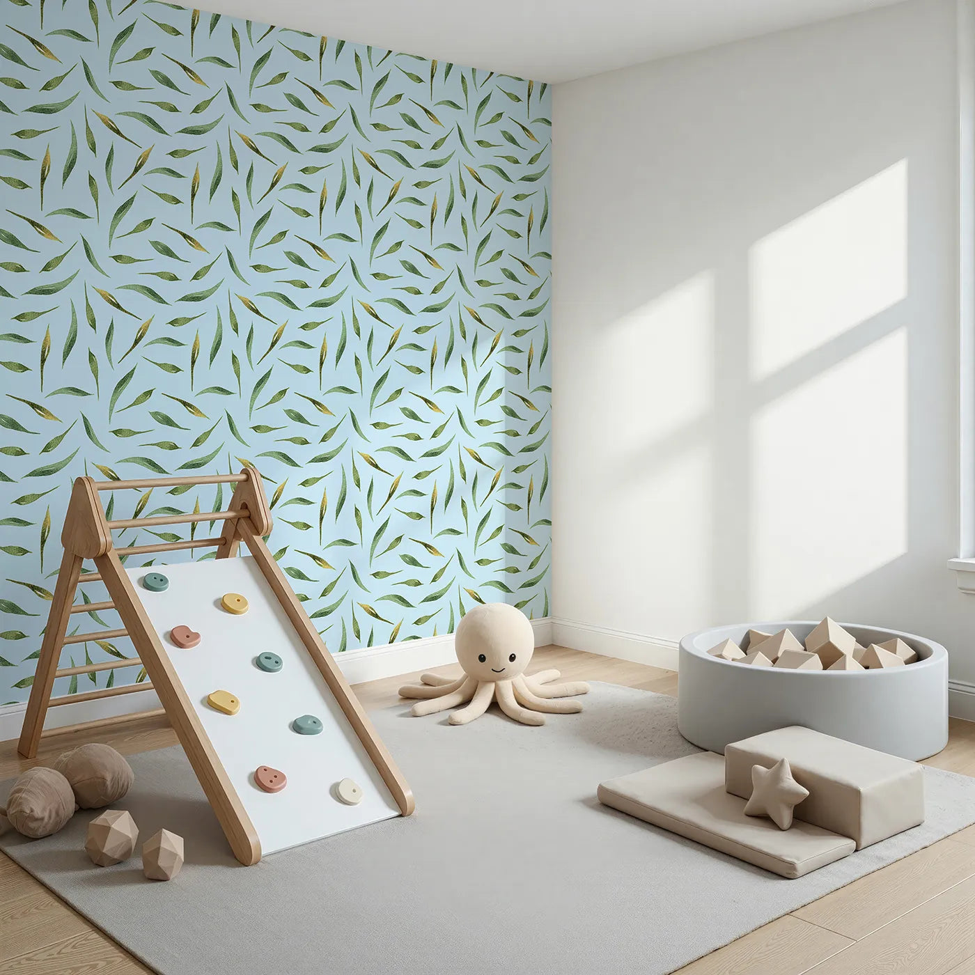 Angled view of Whimsy Tots' Whimsy Leaf Scatter Wallpaper in Sky (W3271E).Delicate green leaves float across a fresh sky-blue breeze.