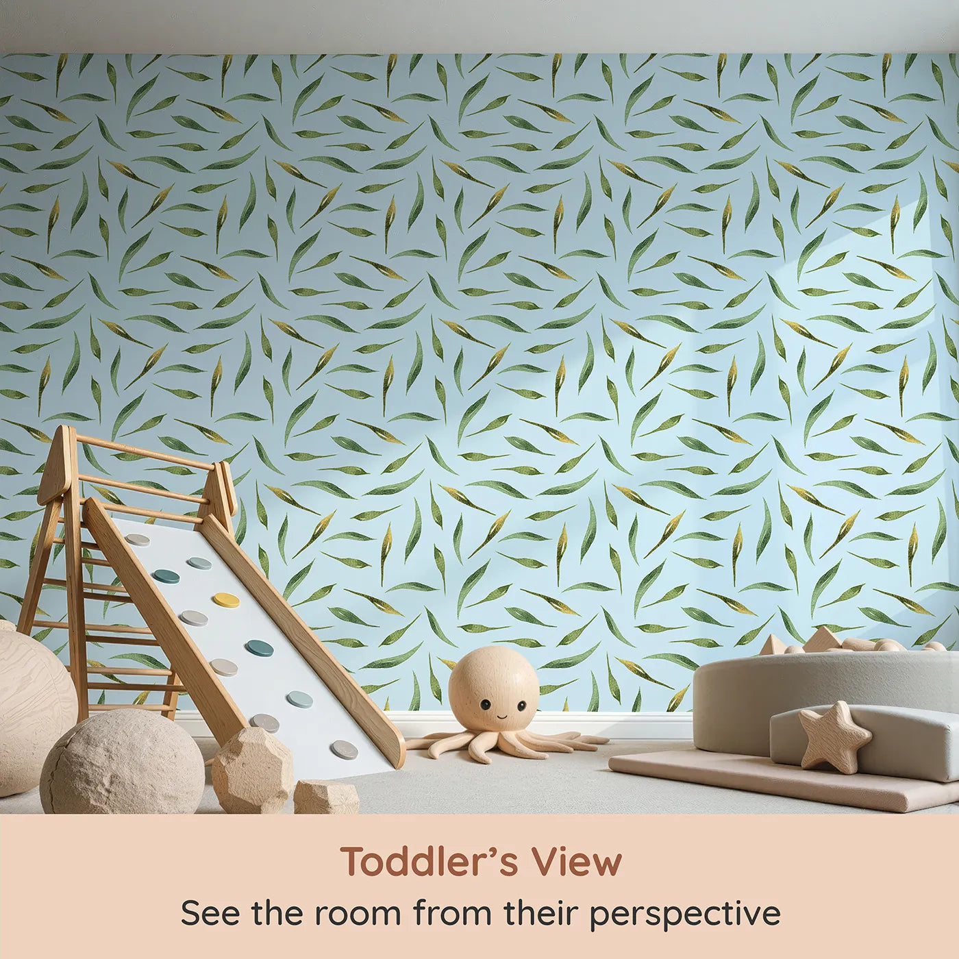 Whimsy Tots Whimsy Leaf Scatter Wallpaper in Sky (W3271E) from your child's view.Delicate green leaves float across a fresh sky-blue breeze.