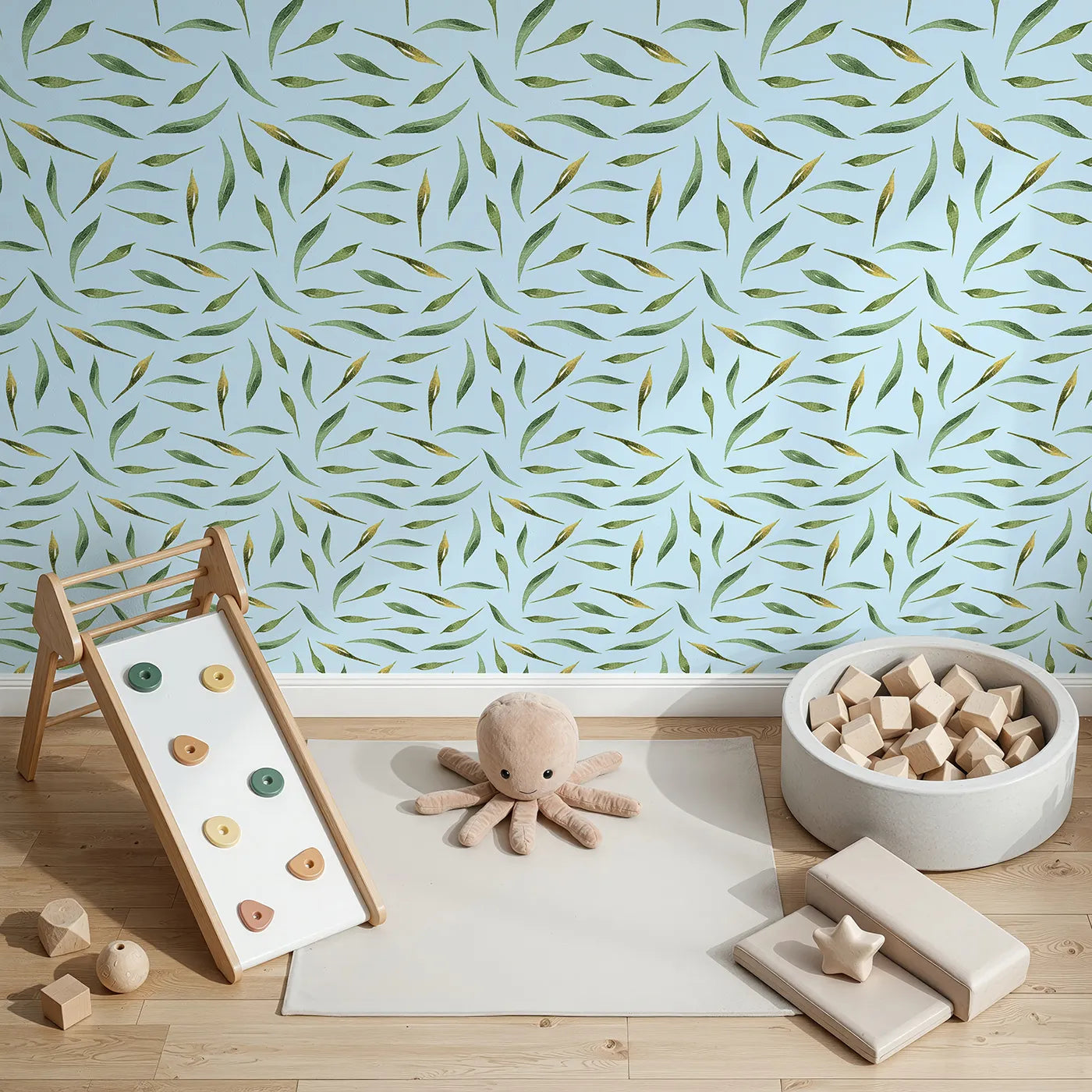 Top-Down view of Whimsy Tots' Whimsy Leaf Scatter Wallpaper in Sky (W3271E).Delicate green leaves float across a fresh sky-blue breeze.