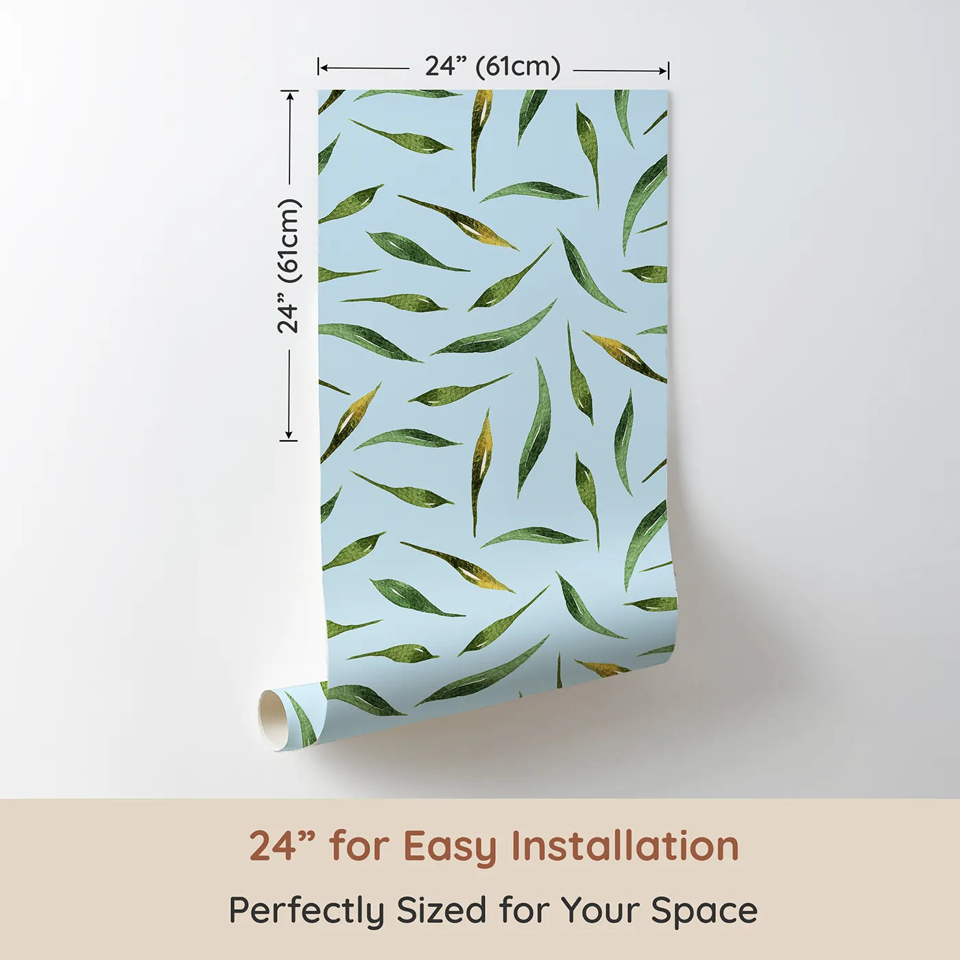 Dimension view of Whimsy Tots Whimsy Leaf Scatter Wallpaper in Sky (W3271E). Printed in 24-inch-wide panel for easy installation. Delicate green leaves float across a fresh sky-blue breeze.