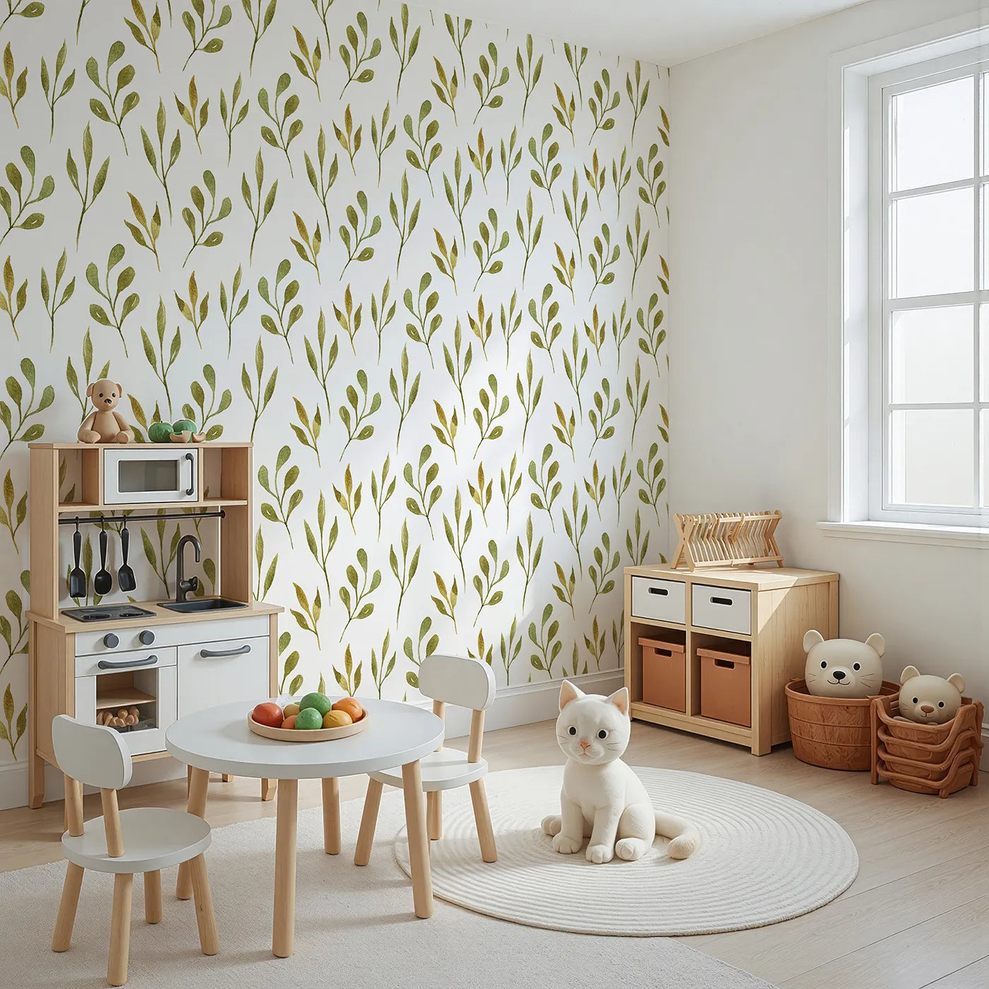 Angled view of Whimsy Tots' Whimsy Leaf Branch Wallpaper in White (W3272A).Botanical branches bloom softly across a bright, airy sky.