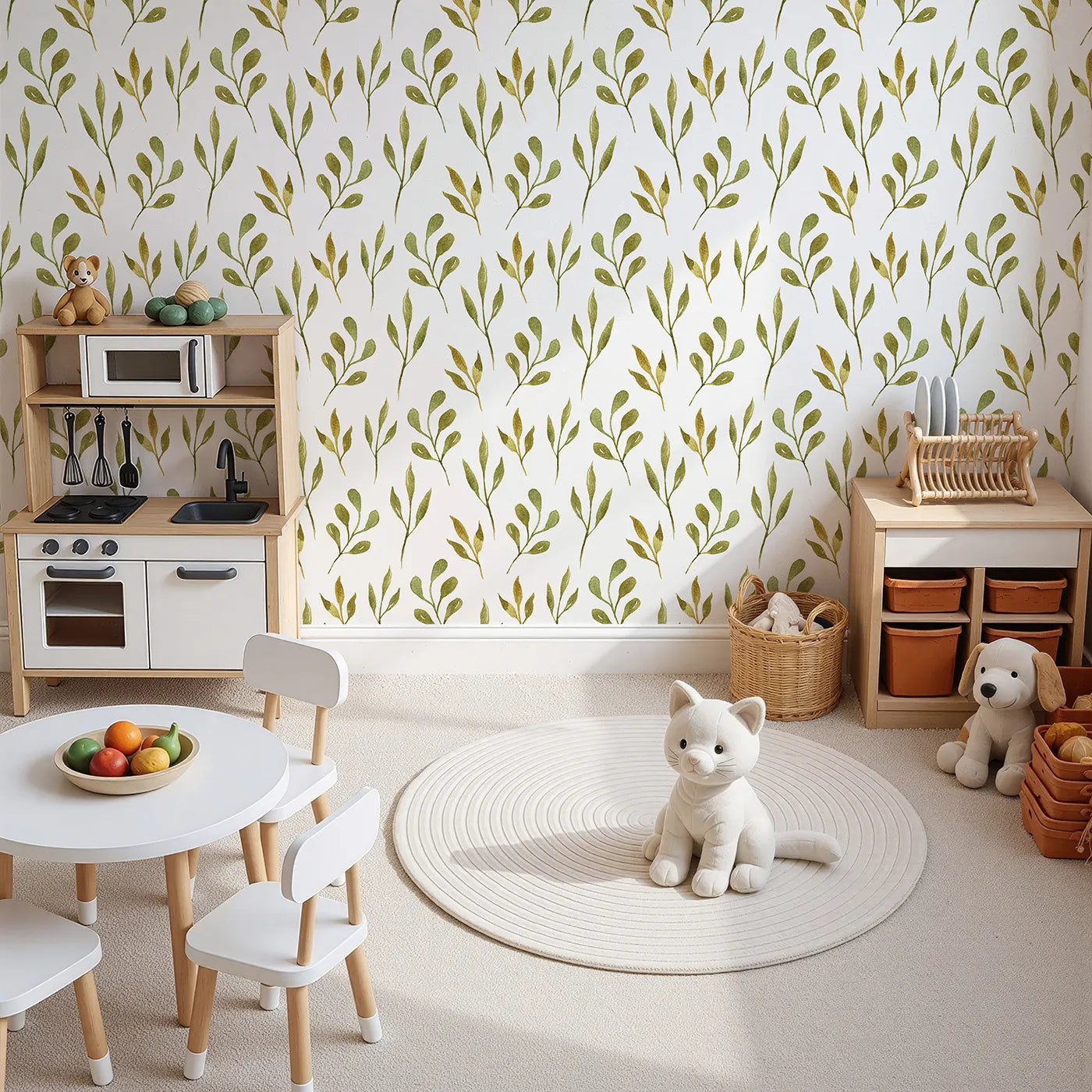 Top-Down view of Whimsy Tots' Whimsy Leaf Branch Wallpaper in White (W3272A).Botanical branches bloom softly across a bright, airy sky.