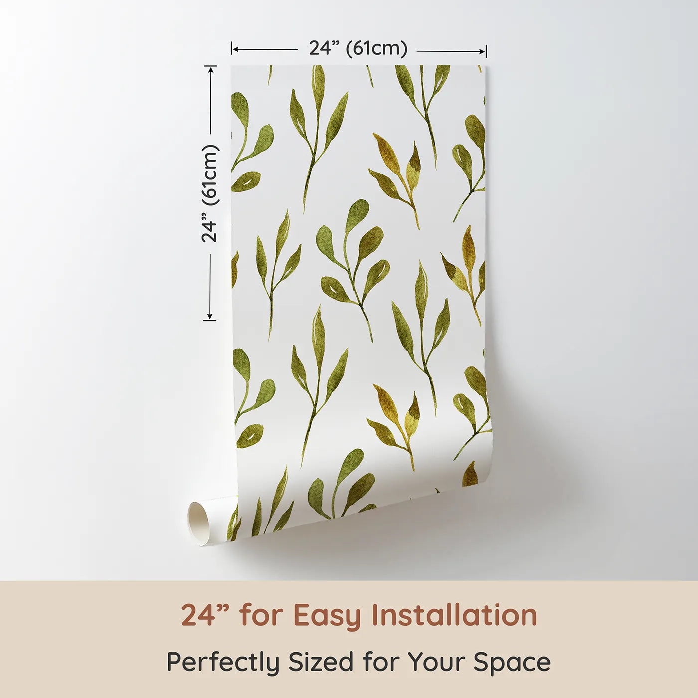 Dimension view of Whimsy Tots Whimsy Leaf Branch Wallpaper in White (W3272A). Printed in 24-inch-wide panel for easy installation. Botanical branches bloom softly across a bright, airy sky.