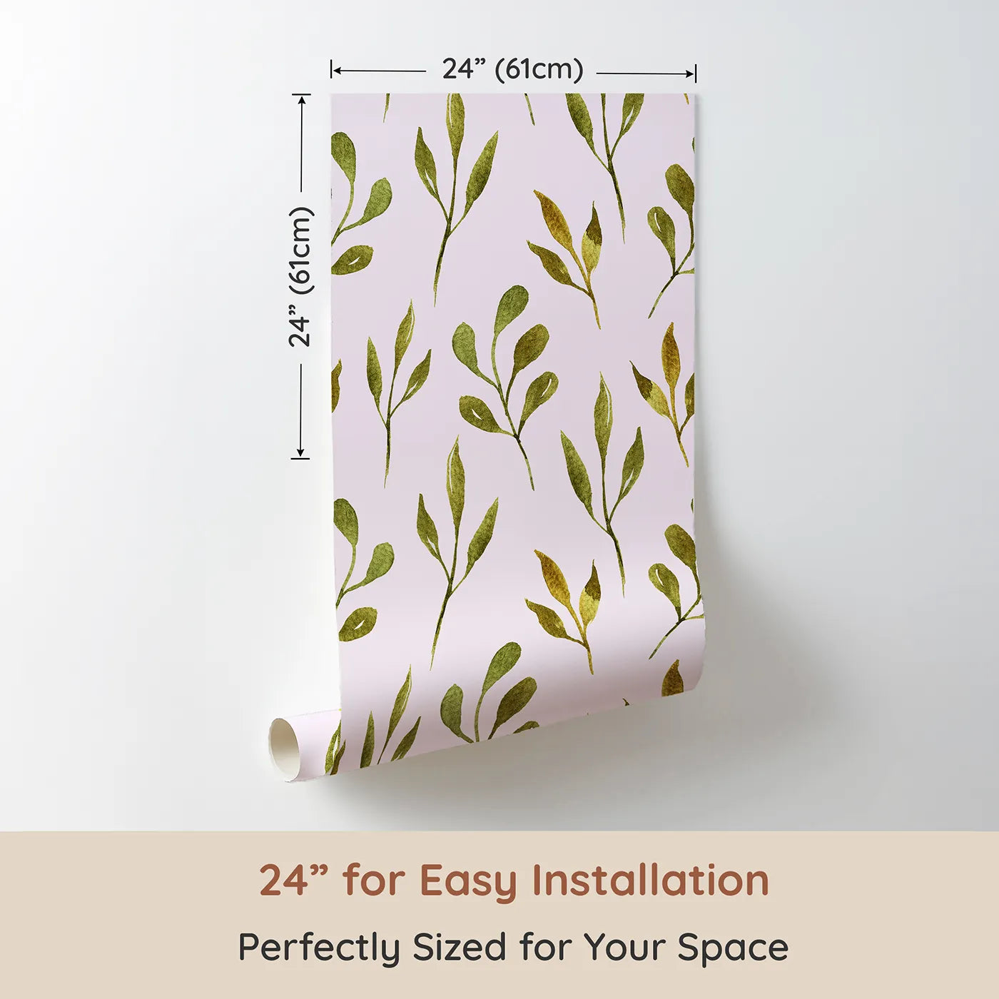 Dimension view of Whimsy Tots Whimsy Leaf Branch Wallpaper in Blush Pink (W3272B). Printed in 24-inch-wide panel for easy installation. Elegant leafy branches sway gently over a soft blush breeze.