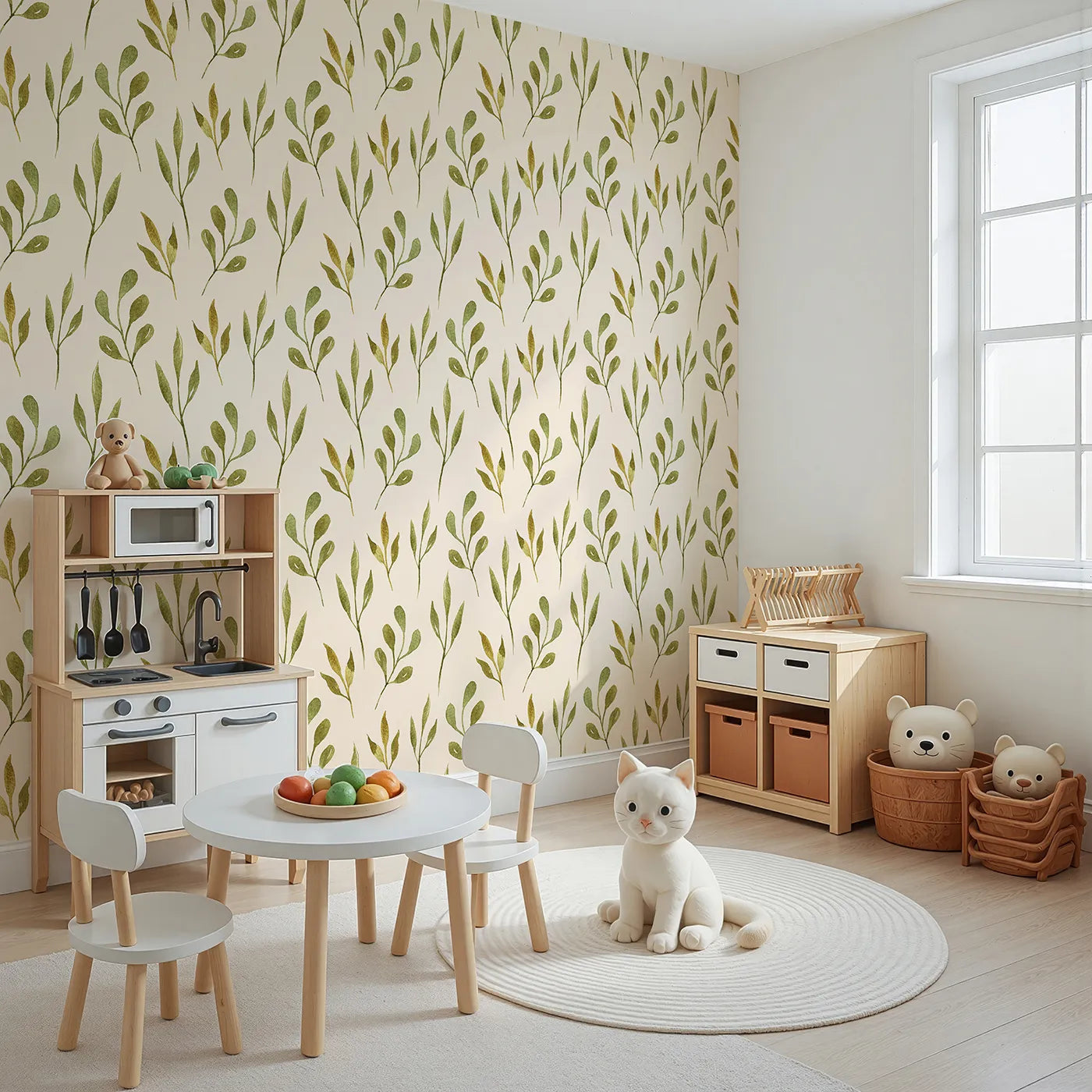Angled view of Whimsy Tots' Whimsy Leaf Branch Wallpaper in Cream (W3272C).Watercolor leaves bloom softly across a warm, cozy cream sky.