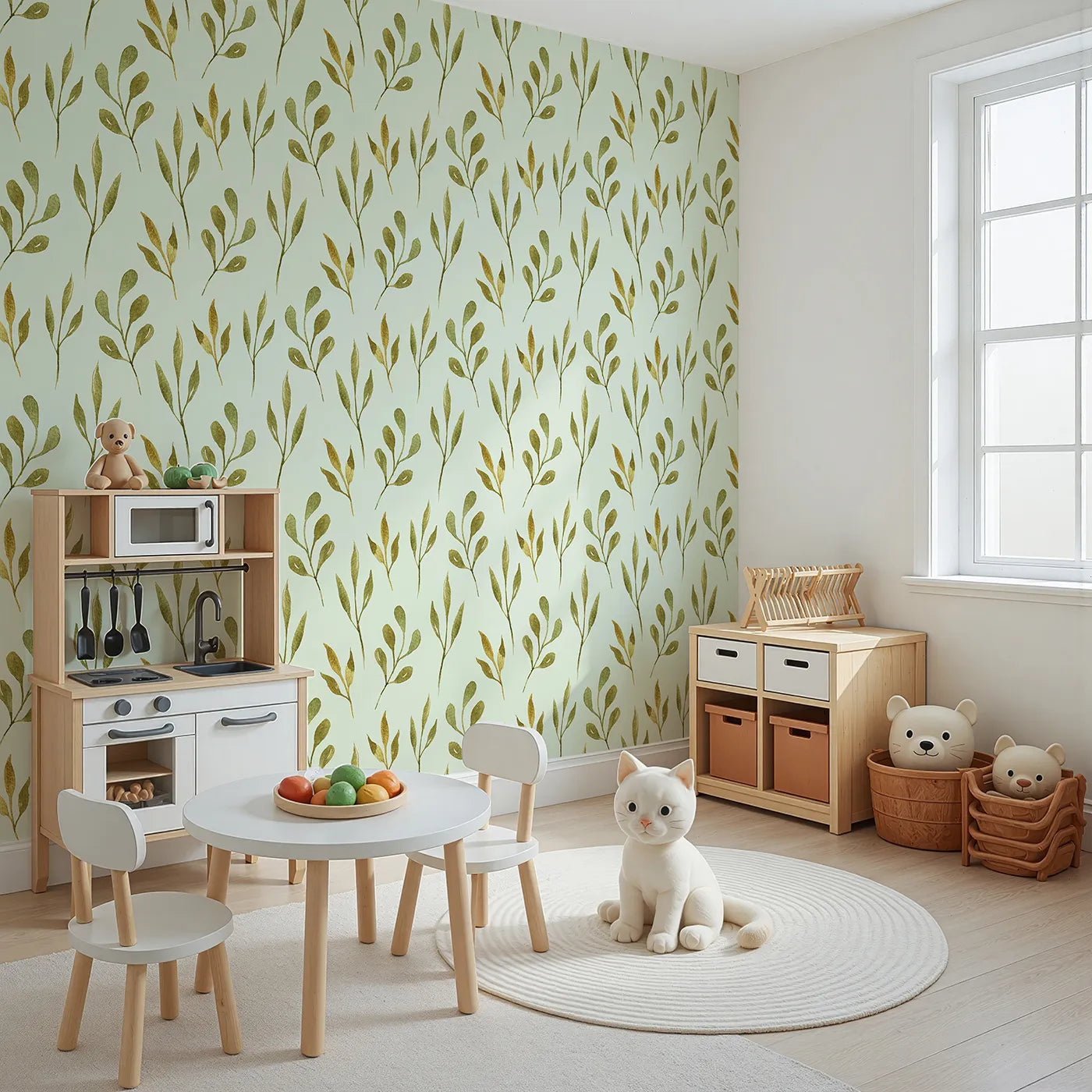 Angled view of Whimsy Tots' Whimsy Leaf Branch Wallpaper in Mint Green (W3272D).Golden-green branches sway over a cool mint sky with ease.