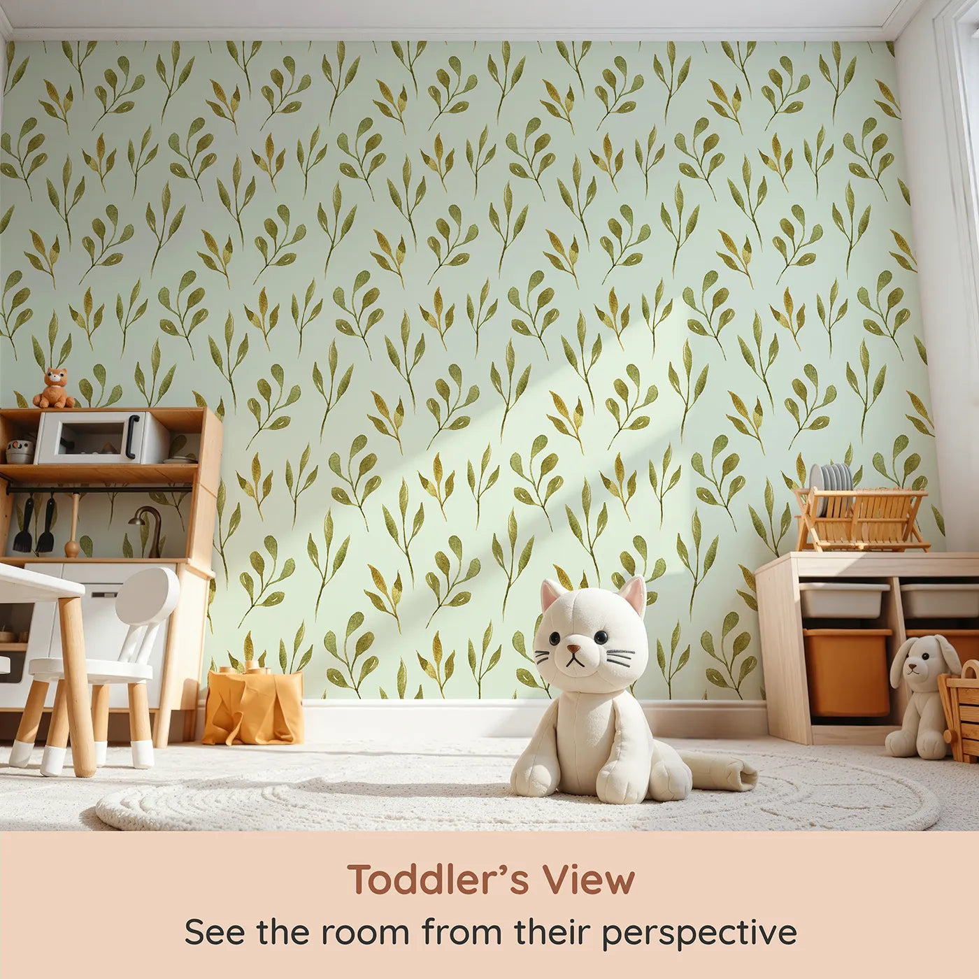 Whimsy Tots Whimsy Leaf Branch Wallpaper in Mint Green (W3272D) from your child's view.Golden-green branches sway over a cool mint sky with ease.