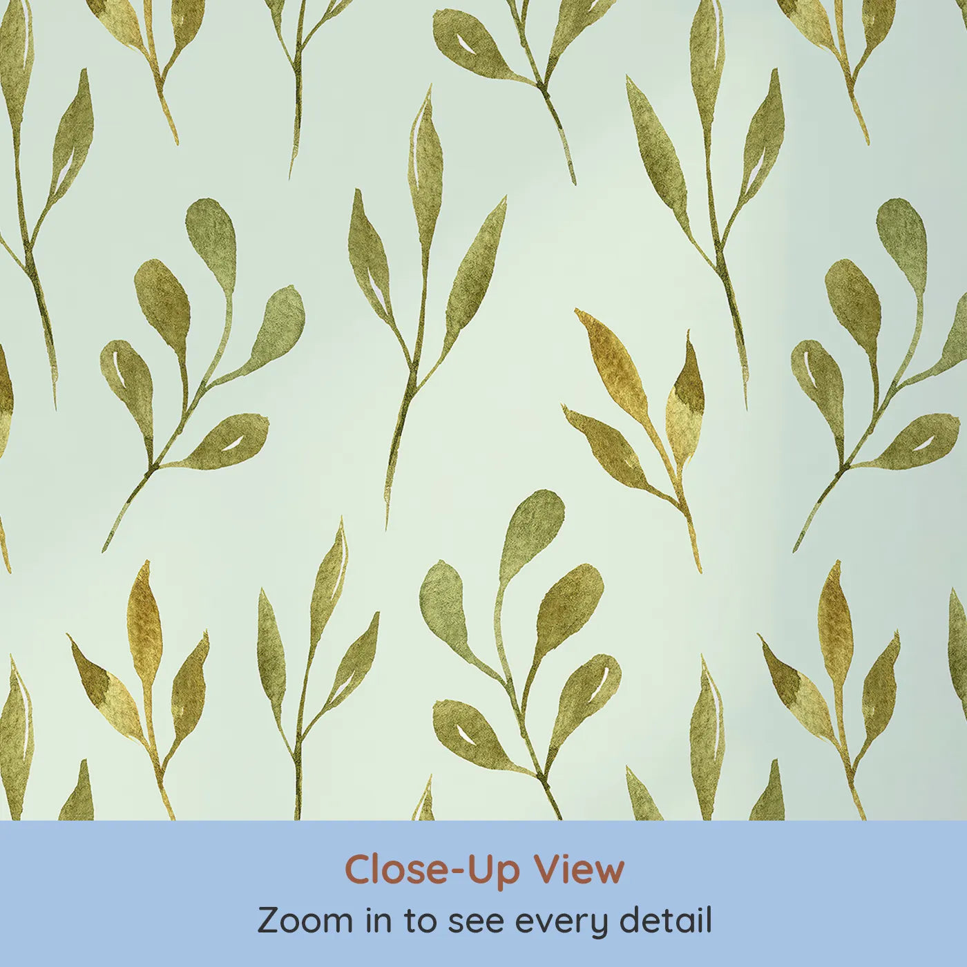 Close-up view of Whimsy Tots' Whimsy Leaf Branch Wallpaper in Mint Green (W3272D).Golden-green branches sway over a cool mint sky with ease.