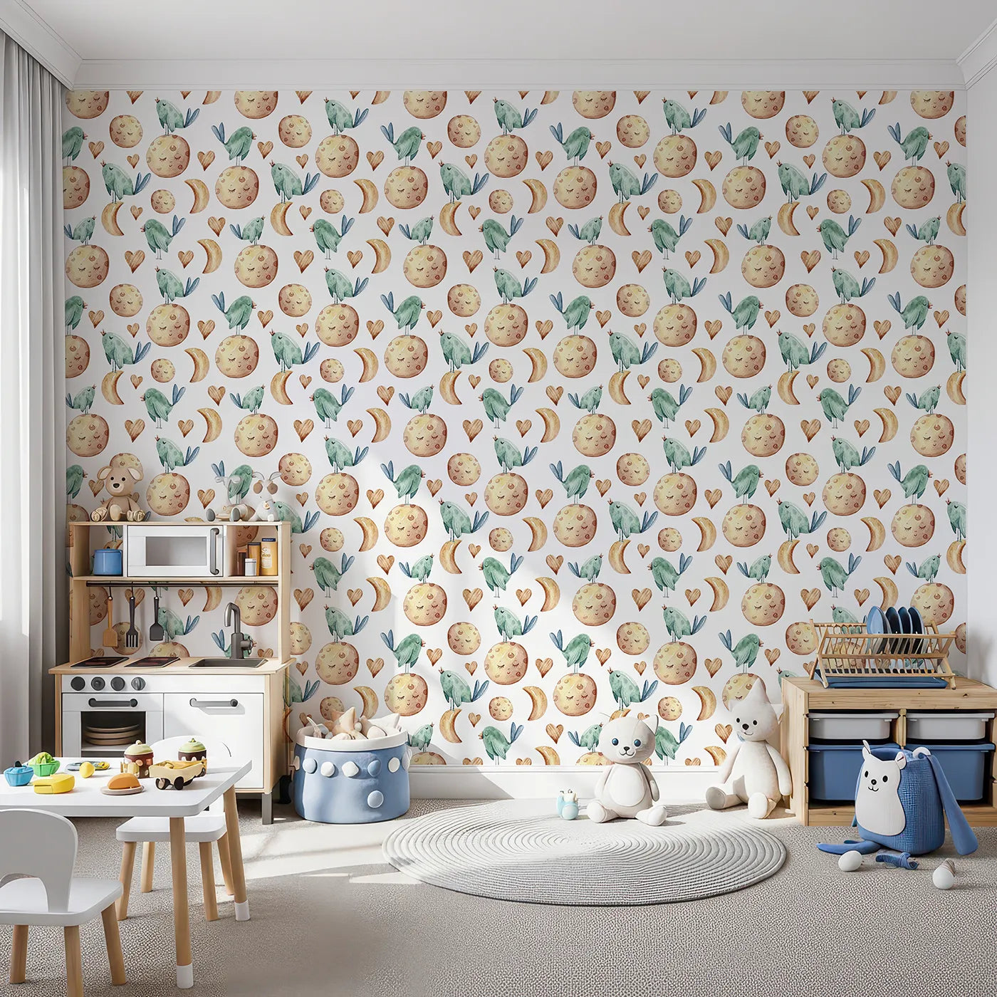Front view of Whimsy Tots' Moon Melody Wallpaper in White
