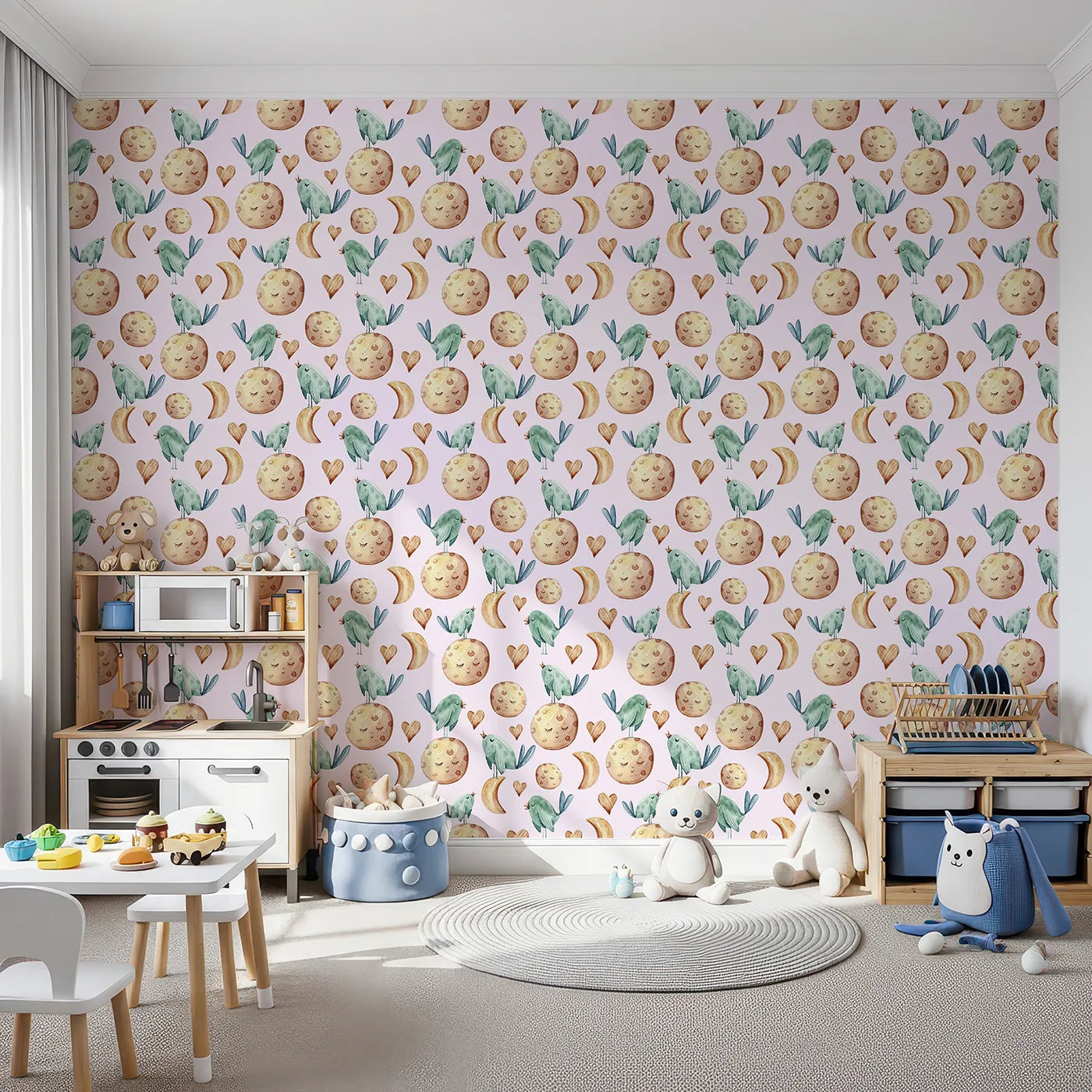 Front view of Whimsy Tots' Moon Melody Wallpaper in Blush Pink