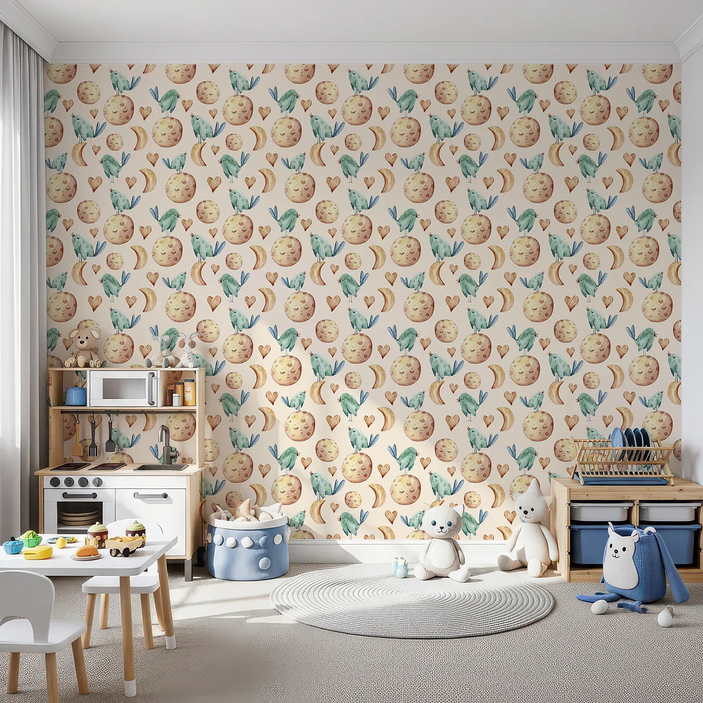 Front view of Whimsy Tots' Moon Melody Wallpaper in Cream