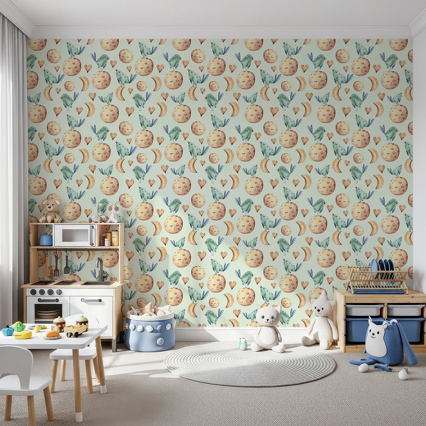 Front view of Whimsy Tots' Moon Melody Wallpaper in Mint Green