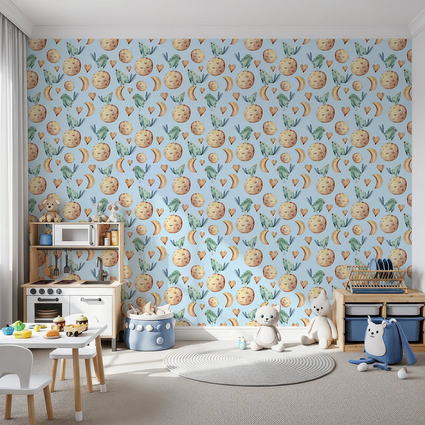 Front view of Whimsy Tots' Moon Melody Wallpaper in Sky