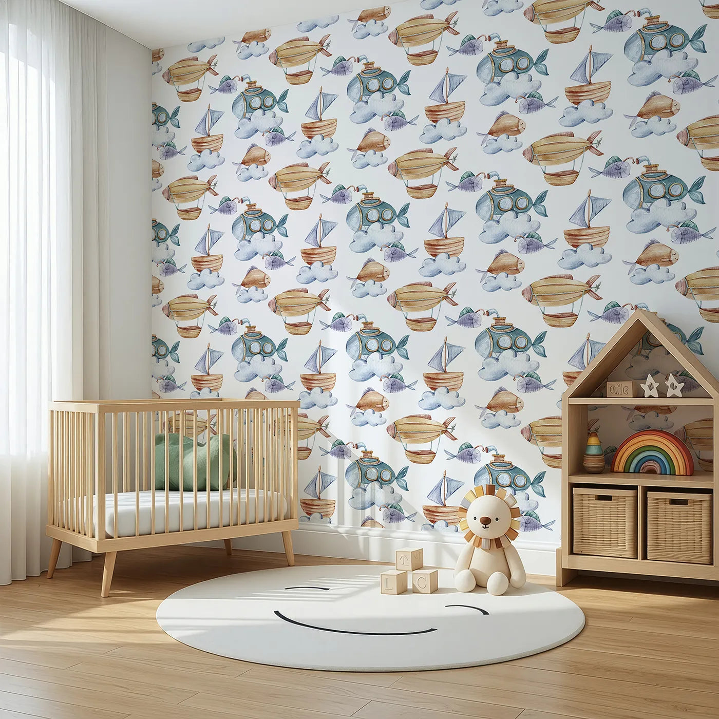 Angled view of Whimsy Tots' Sky Explorers Wallpaper in White (W3275A).Submarines fly, airships float, and fish swim through clouds of wonder.