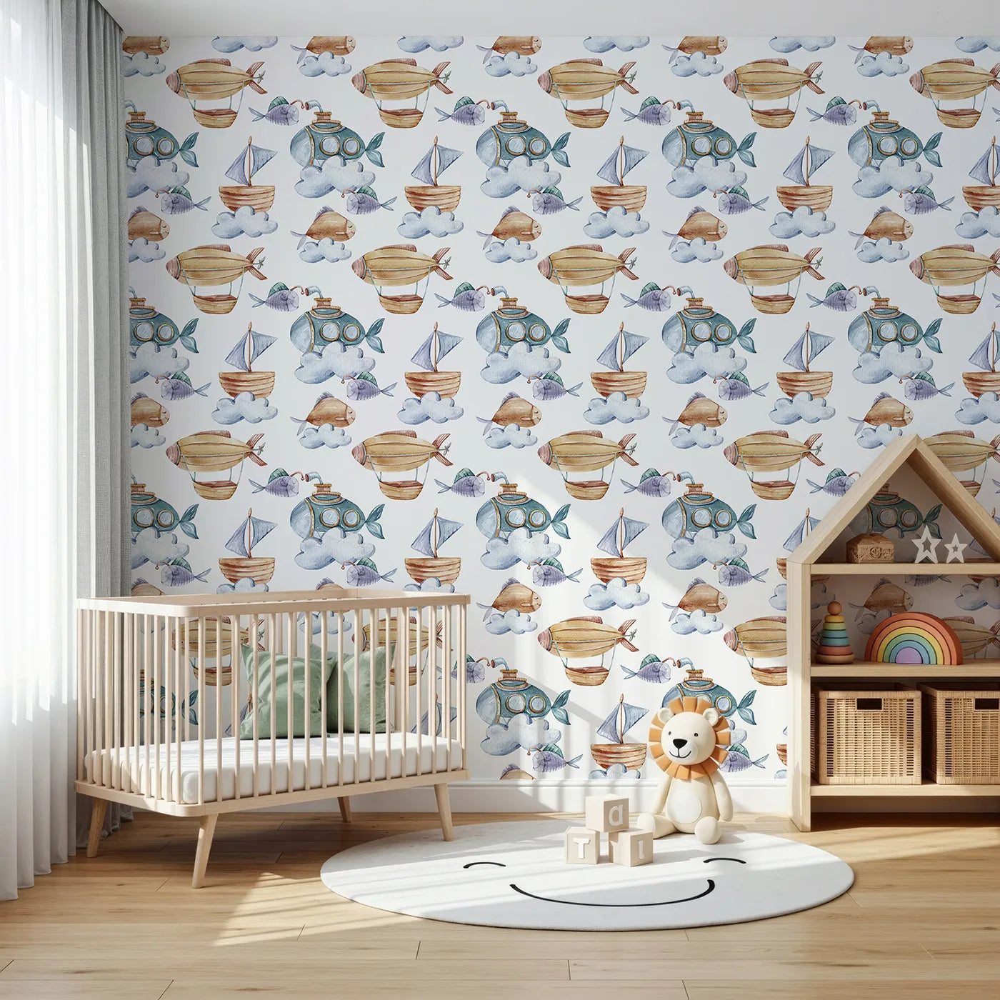 Front view of Whimsy Tots' Sky Explorers Wallpaper in White