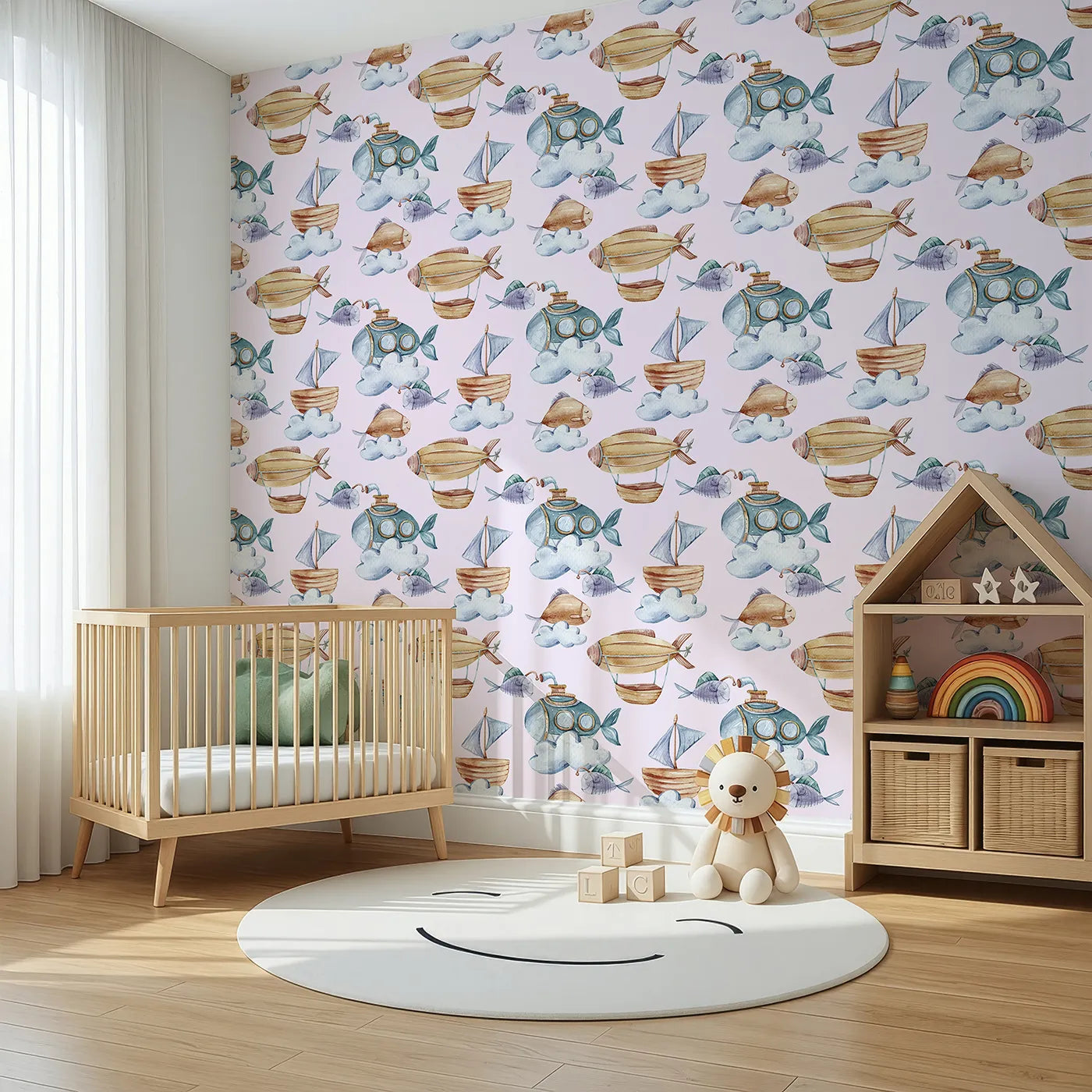 Angled view of Whimsy Tots' Sky Explorers Wallpaper in Blush Pink (W3275B).Submarines fly, airships float, and fish swim through blush-tinted clouds.