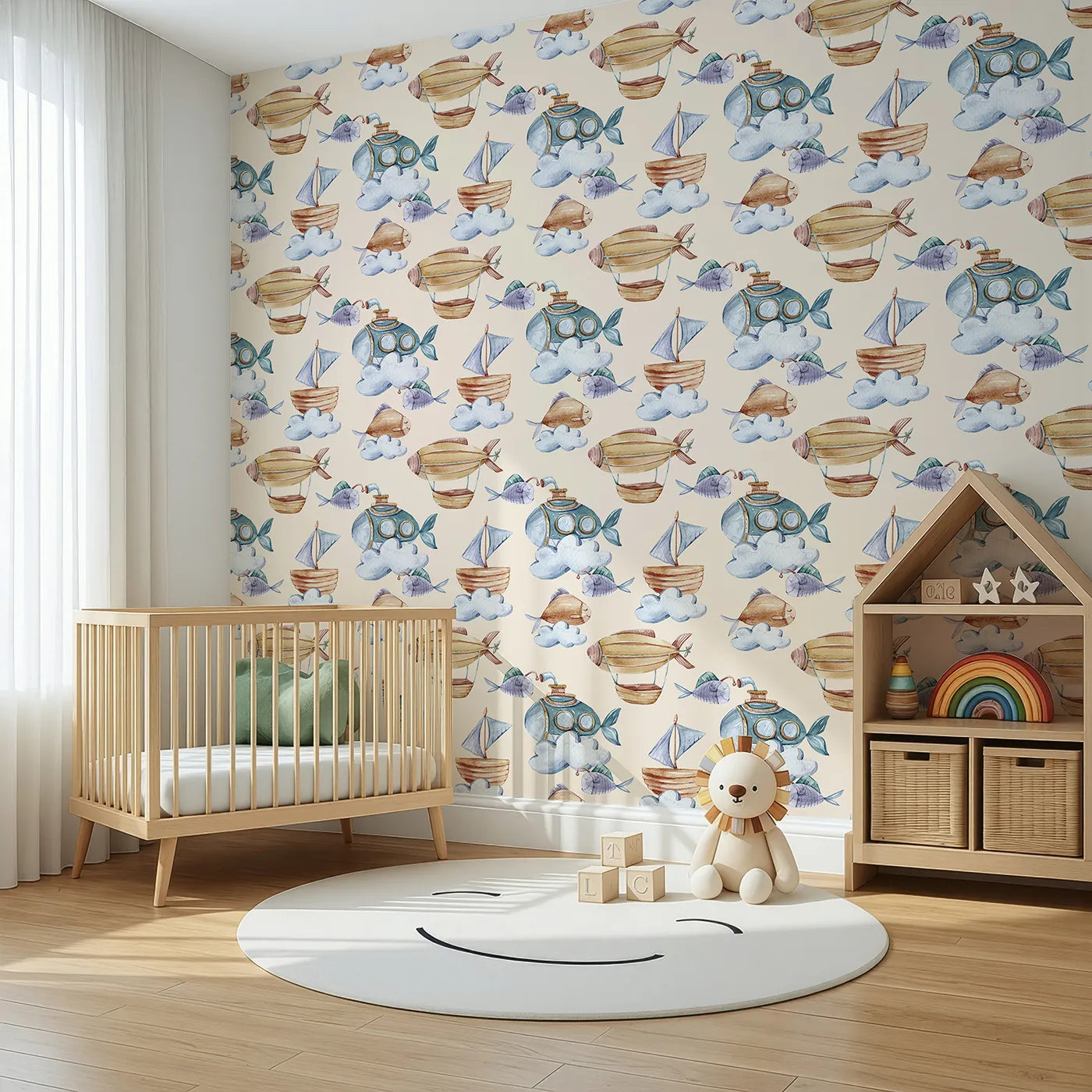 Angled view of Whimsy Tots' Sky Explorers Wallpaper in Cream (W3275C).Submarines fly, airships float, and fish swim through cream-colored clouds of wonder.