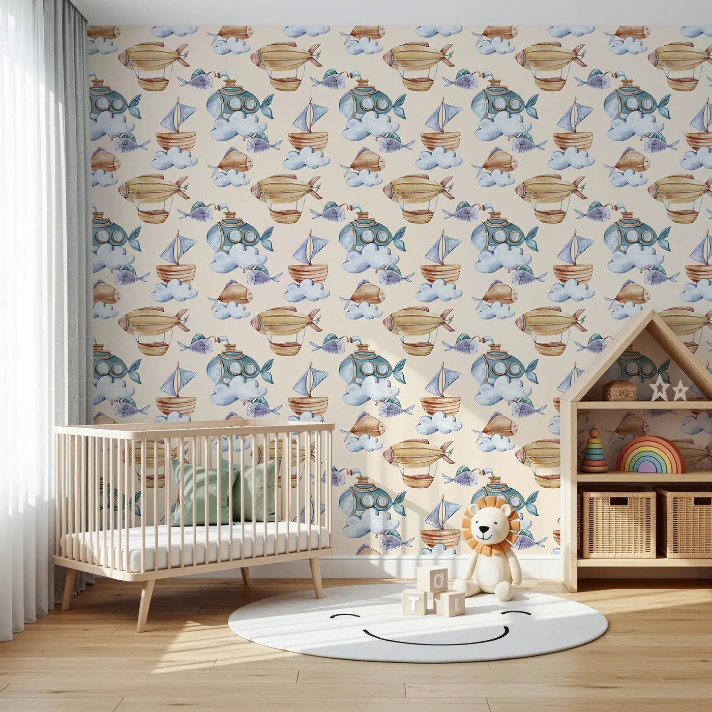 Front view of Whimsy Tots' Sky Explorers Wallpaper in Cream