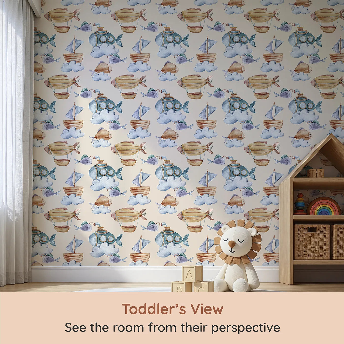 Whimsy Tots Sky Explorers Wallpaper in Cream (W3275C) from your child's view.Submarines fly, airships float, and fish swim through cream-colored clouds of wonder.