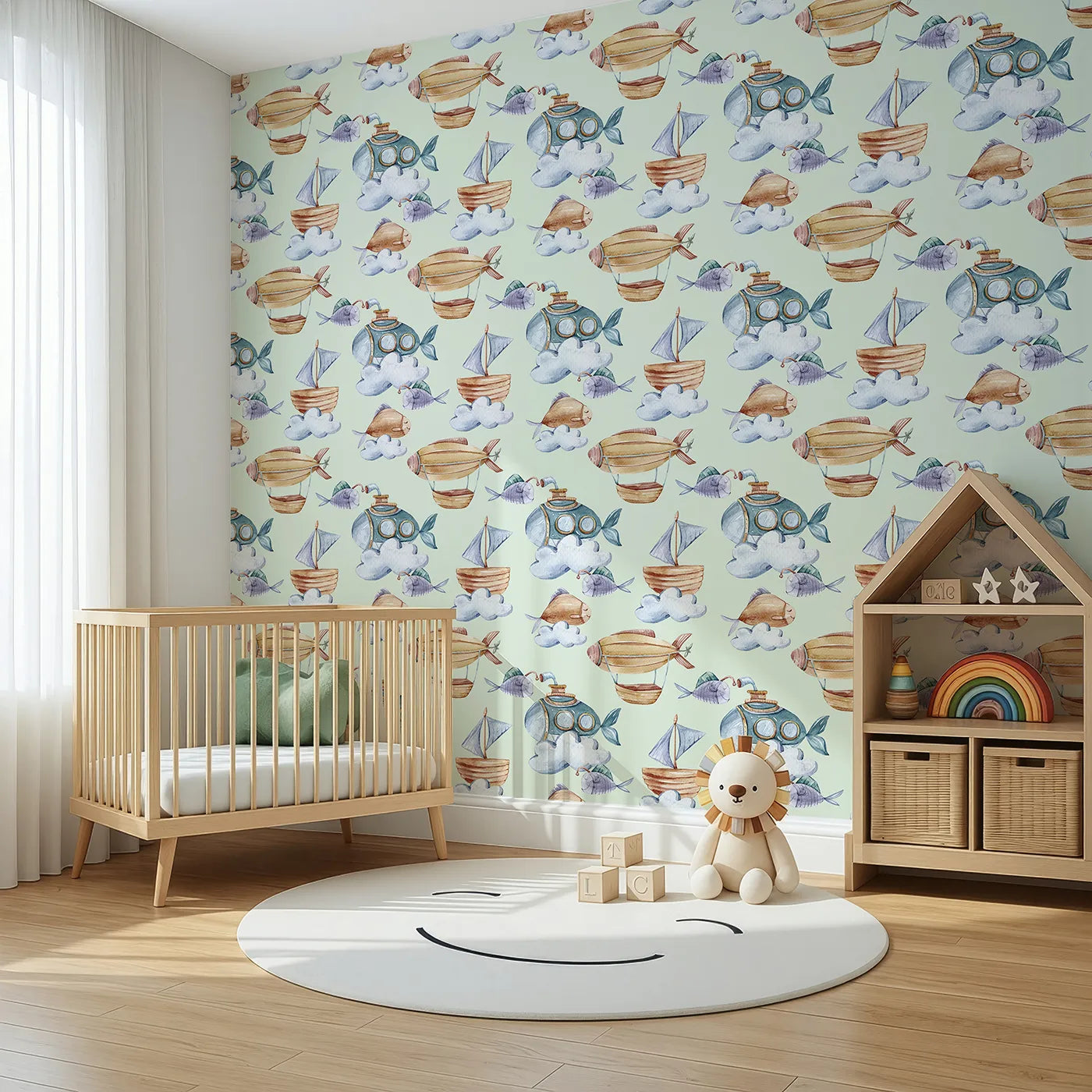 Angled view of Whimsy Tots' Sky Explorers Wallpaper in Mint Green (W3275D).Flying fish and submarines float freely through mint-colored skies.