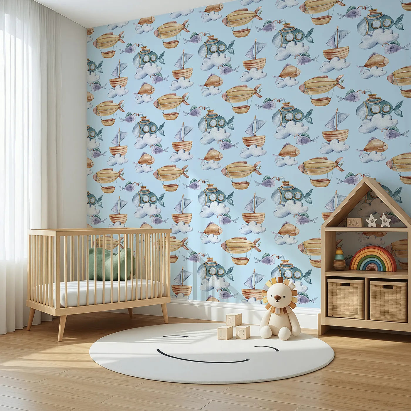 Angled view of Whimsy Tots' Sky Explorers Wallpaper in Sky Blue (W3275E).Let submarines fly and fish soar through storybook-blue skies.