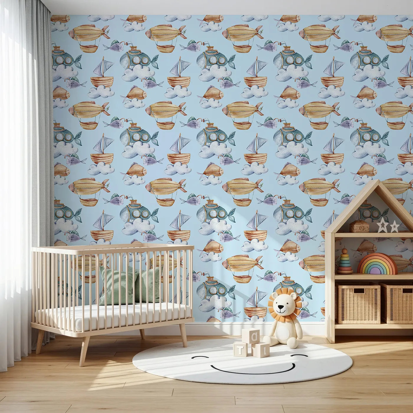 Front view of Whimsy Tots' Sky Explorers Wallpaper in Sky Blue