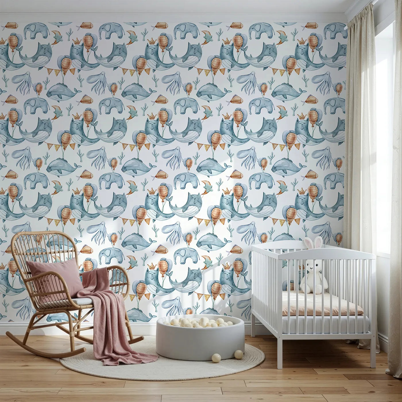 Front view of Whimsy Tots' Whale Balloon Parade Wallpaper in White